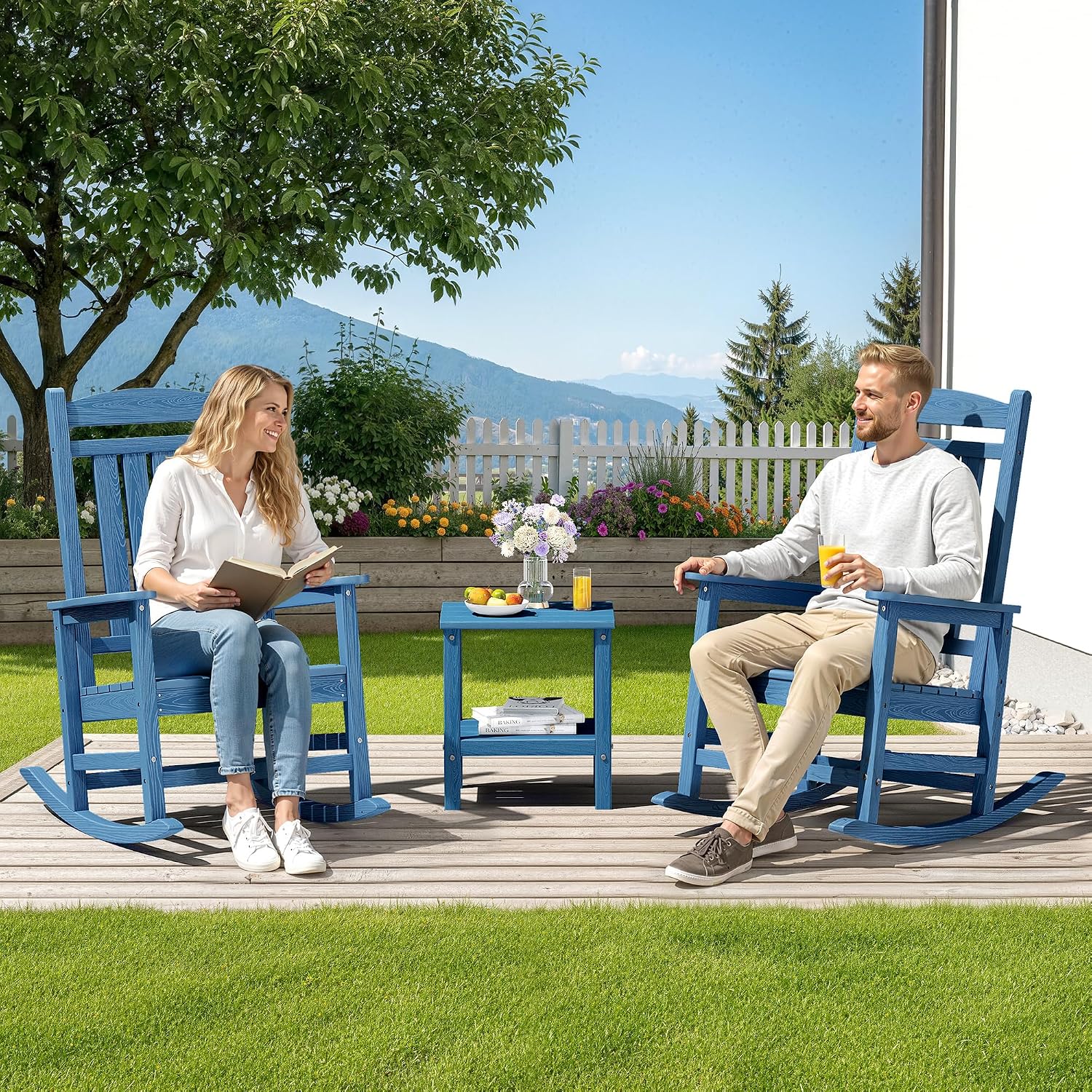 SERWALL Oversized Rocking Chairs Set of 4, HDPE Outdoor Rocking Chair, All-Weather Porch Rockers for Patio, Blue
