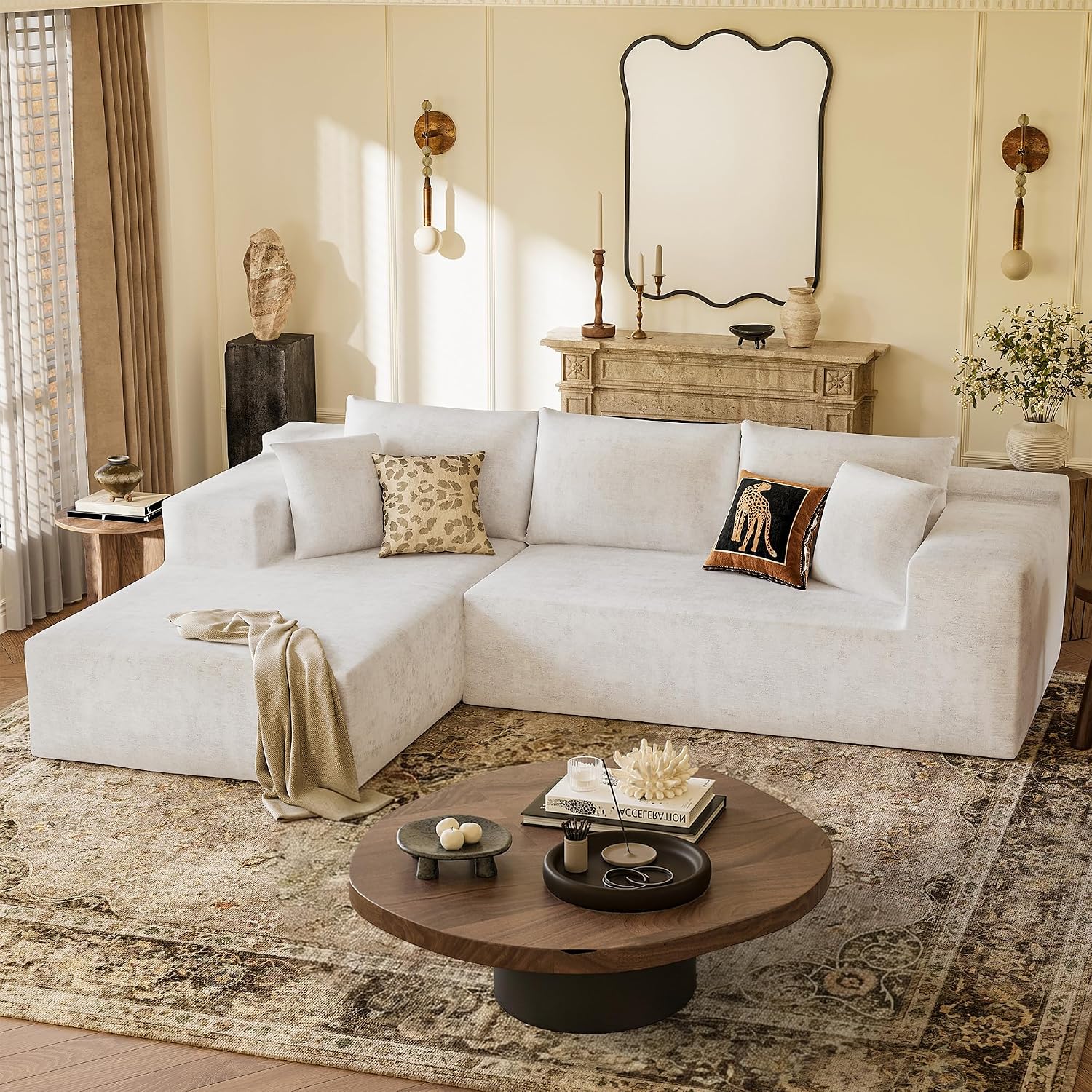 YESHOMY Boneless Couches for Living Room, 108' Sectional Modular Sectional Sofa with Deep Seat, Cloud Comfy Couch with L-Shape Chaise, Easy Assembly (Chenille, Pearl Cream)