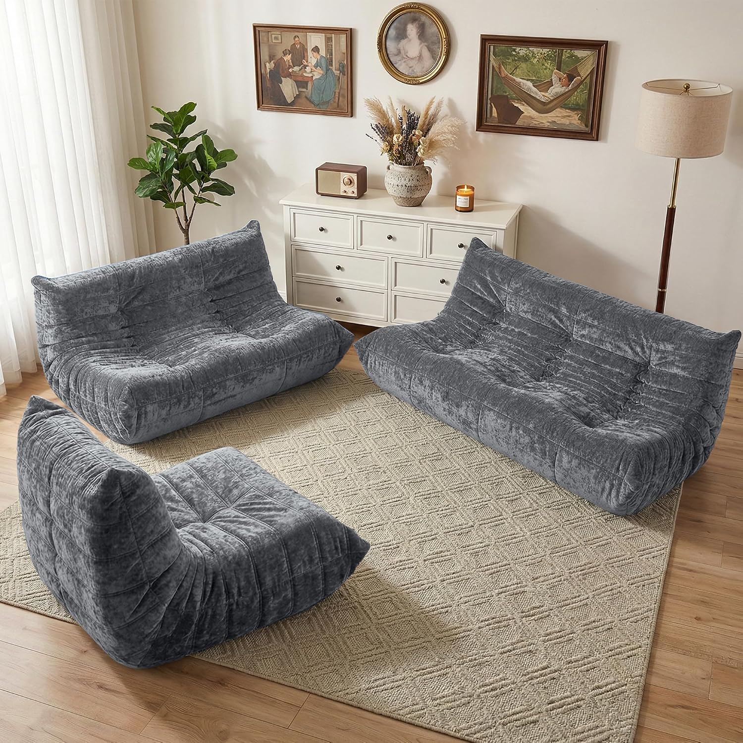 HABUTWAY Bean Bag Chair, Giant Bean Bag Chairs for Adults, Loveseat Fireside Chair, 2 Seater Lazy Bean Bag Sofa Memory Foam Couch for Living Room, Bedroom, Office (Grey)
