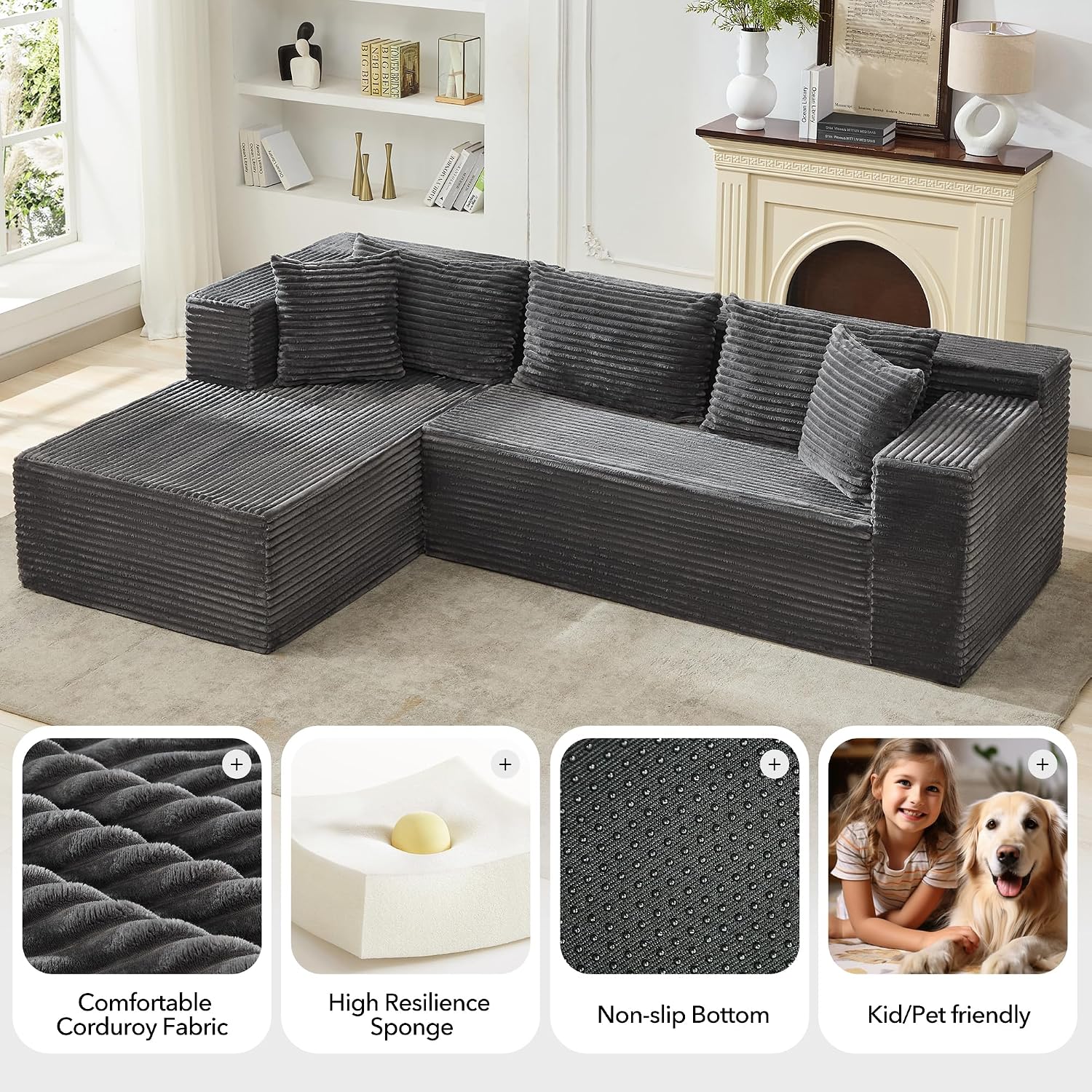 Modular Sectional Sofa Cloud Sectional Couch, 106' Comfy L Shaped Black Couches for Living Room,Oversized Sofa Sleeper with Deep Seat, No Assembly Required