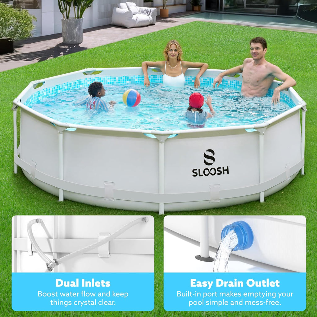 SLOOSH Round Above Ground Pool - 10ft x 30inch Outdoor Round Frame Above Ground Swimming Pool Set Kiddie Pool for Kids Adults with Filter Pump
