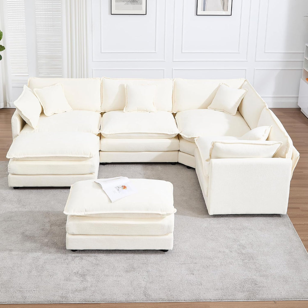 GNIXUU Oversized Modular sectional Sofa, Chenille Large Cloud Sectional Couches for Living Room, Convertible Deep 6 Seater L Shaped Couch with Ottoman for Living Room, Beige White