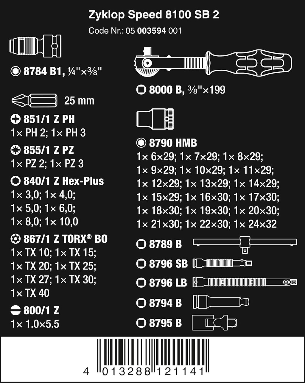 Wera - 5003594001 8100 SB 2 Zyklop 3/8' Metric Ratchet Set ( Piece of 43)