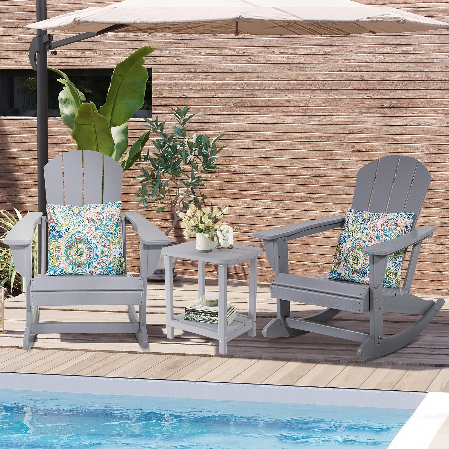 Sundale Outdoor Rocking Chair with Pillow, Patio Plastic All Weather Adirondack Rocker for Proch, Water Resistant for Outside, Garden, Pool, Yard, Grey