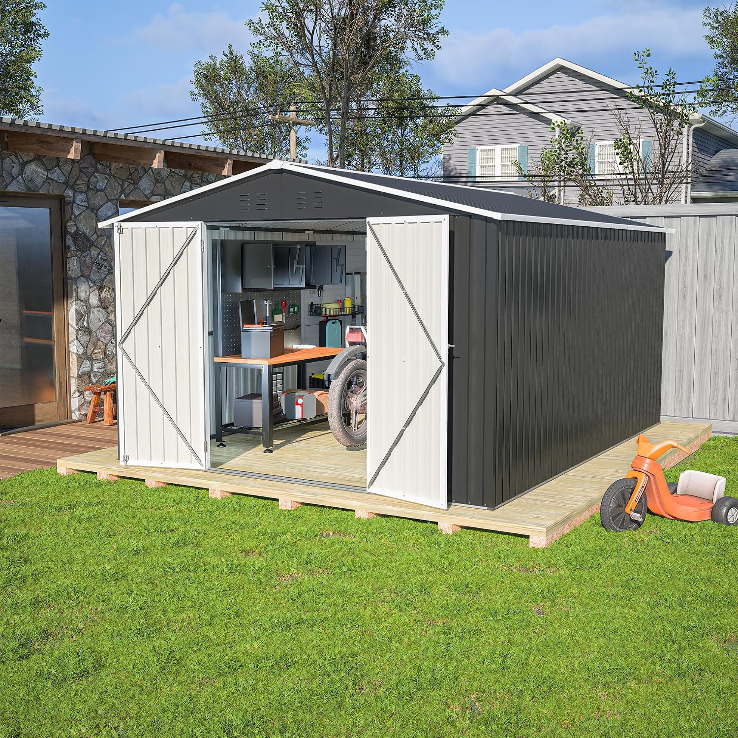 KEIKI 10x12 FT Outdoor Storage Shed, Weatherproof Utility Garden Tool Shed with Door & Lock for Garden Patio Lawn Poolside, Black