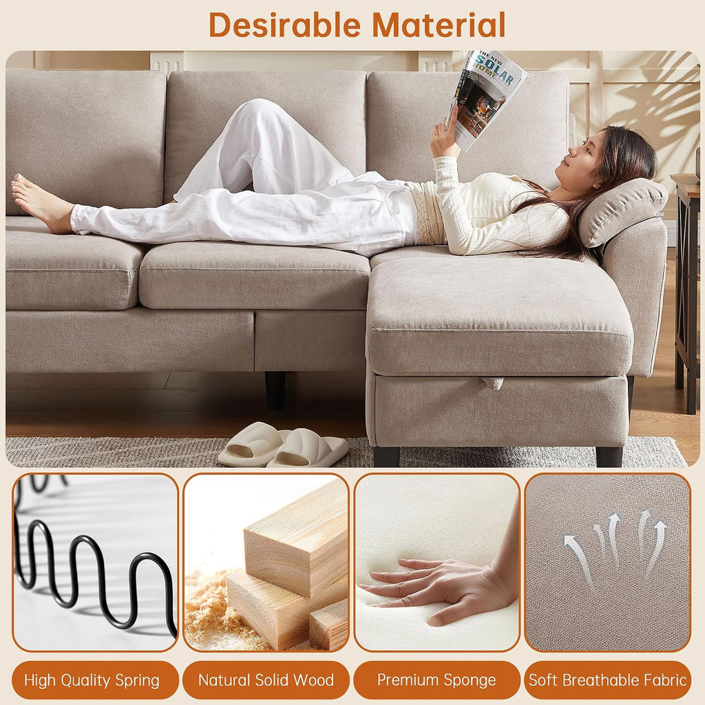 Convertible Sectional Sofa Couch with Ottoman, 79' Modern L Shaped 3 Seat Sofa, Linen Fabric Small Sectional Couch with Movable Storage Ottoman for Small Spaces Living Room (Beige)