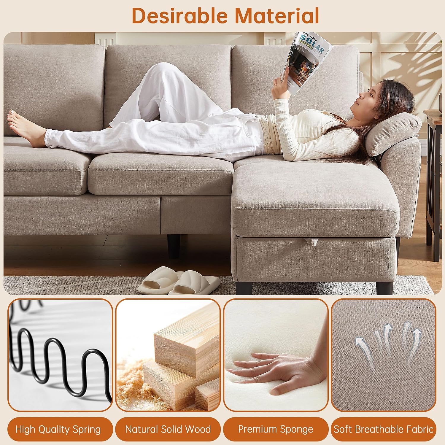 Convertible Sectional Sofa Couch with Ottoman, 79' Modern L Shaped 3 Seat Sofa, Linen Fabric Small Sectional Couch with Movable Storage Ottoman for Small Spaces Living Room (Beige)