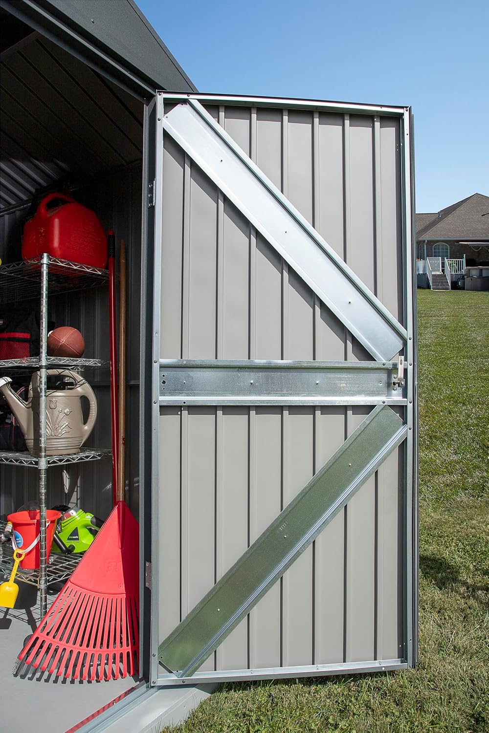 Arrow Shed Elite 14' x 14' Tall Outdoor Steel Storage Shed with High Gable and Lockable Doors Storage Building, Anthracite