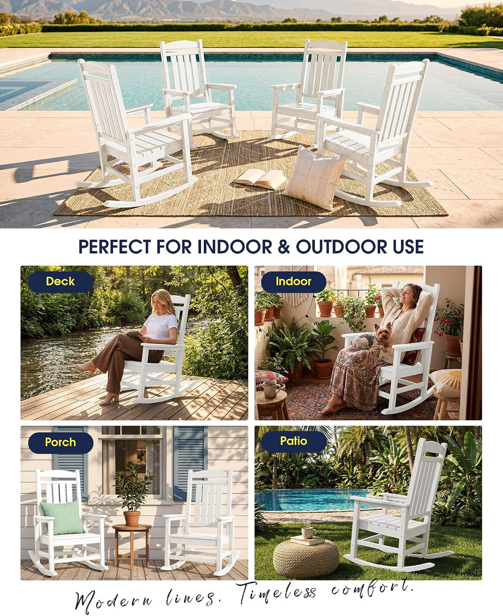 KINGYES Oversized HDPE Patio Rocking Chair Set of 2, Outdoor Rocking Chairs Porch Rocker for Adults, White