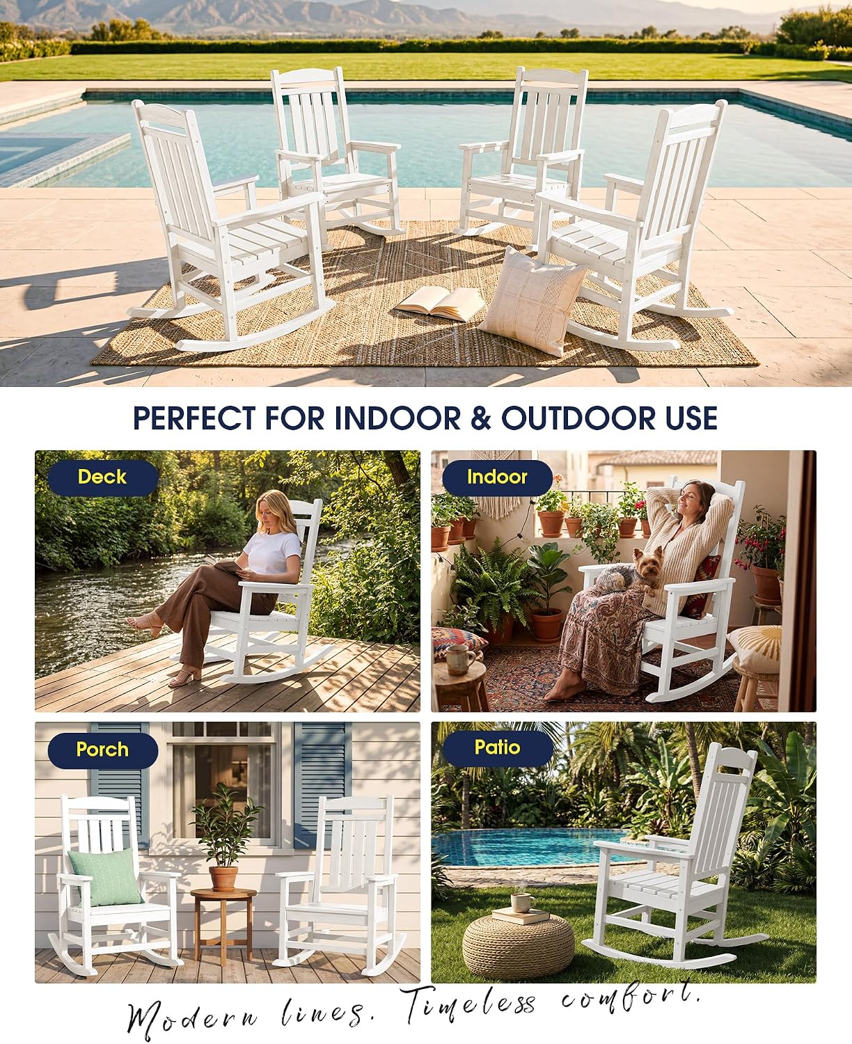 KINGYES Oversized HDPE Patio Rocking Chair Set of 2, Outdoor Rocking Chairs Porch Rocker for Adults, White
