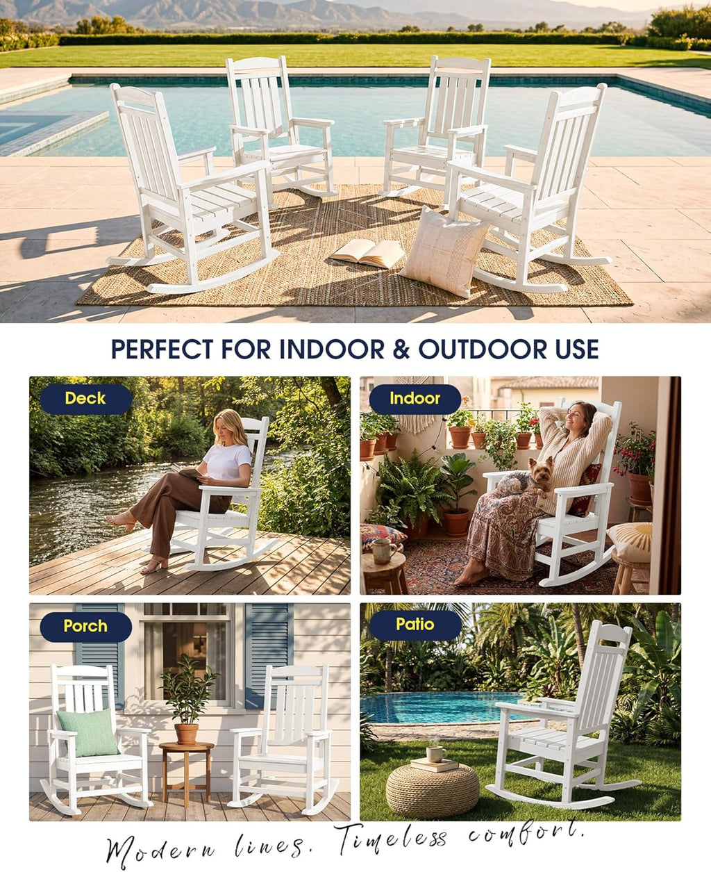 KINGYES Oversized HDPE Patio Rocking Chair Set of 6, Outdoor Rocking Chairs Porch Rocker for Adults, White