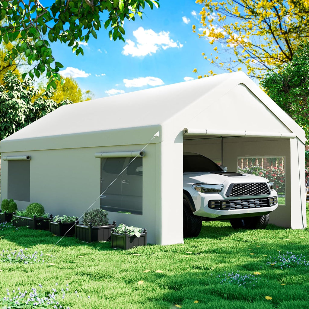 AirWire 12'x20' Heavy Duty Carport with All-Season Tarp, Portable Car Tent Garage with Roll-Up Windows & Side-Opening Door, Enclosed Car Port Canopy with Reinforced Base for Truck, Boat, White