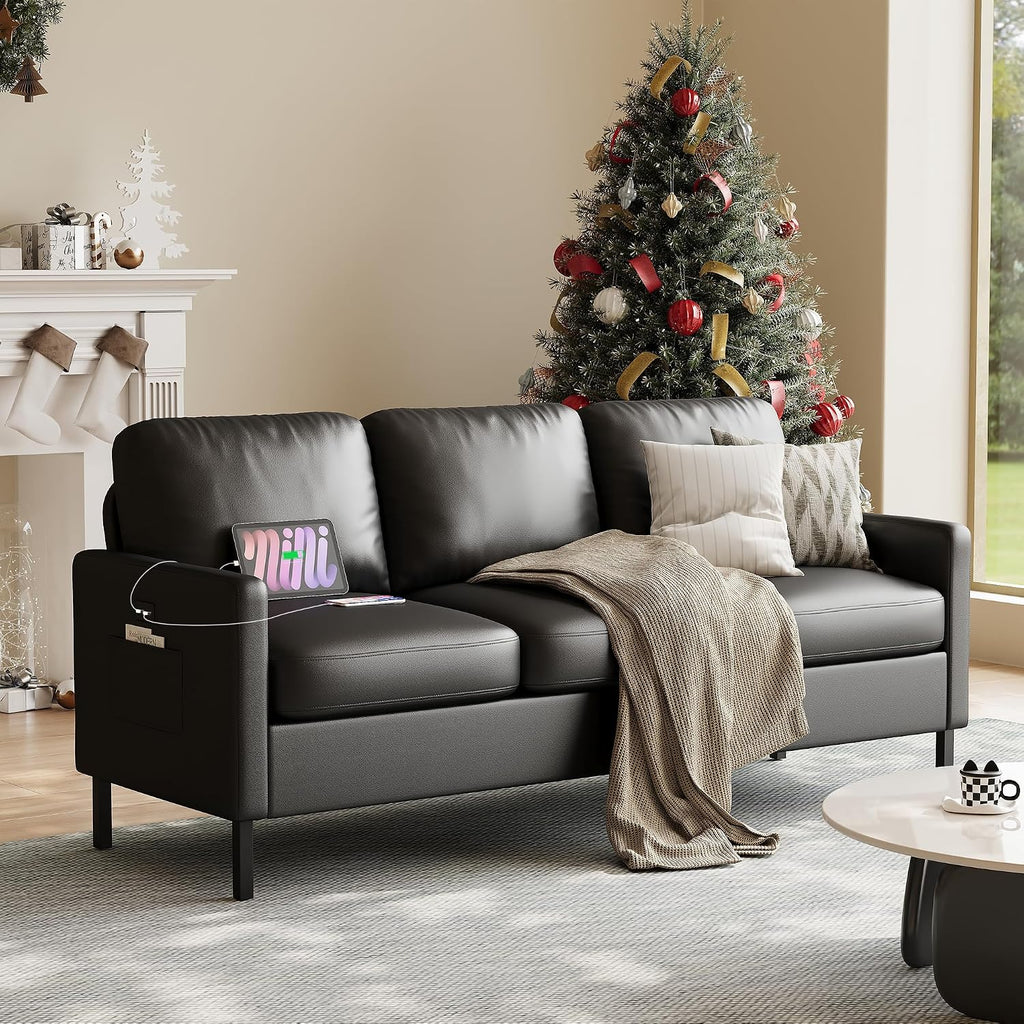 STHOUYN 72' W Faux Leather Black Sofa 3 Seat Couch, Modern Comfy Couch with 2 USB, Small Couches for Living Room Apartment Bedroom Small Spaces, Office(Black (Sofa))