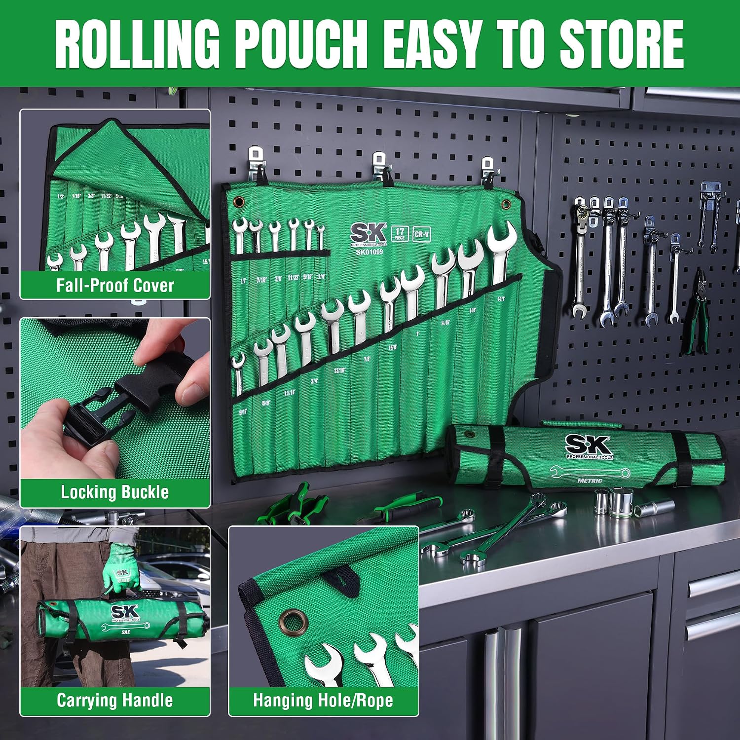 SK Combination Wrench Set, SAE 1/4' to 1-1/4', Metric 6 to 32mm, 42-Piece, SuperKrome Finish, Premium CR-V Construction, with Rolling Pouch