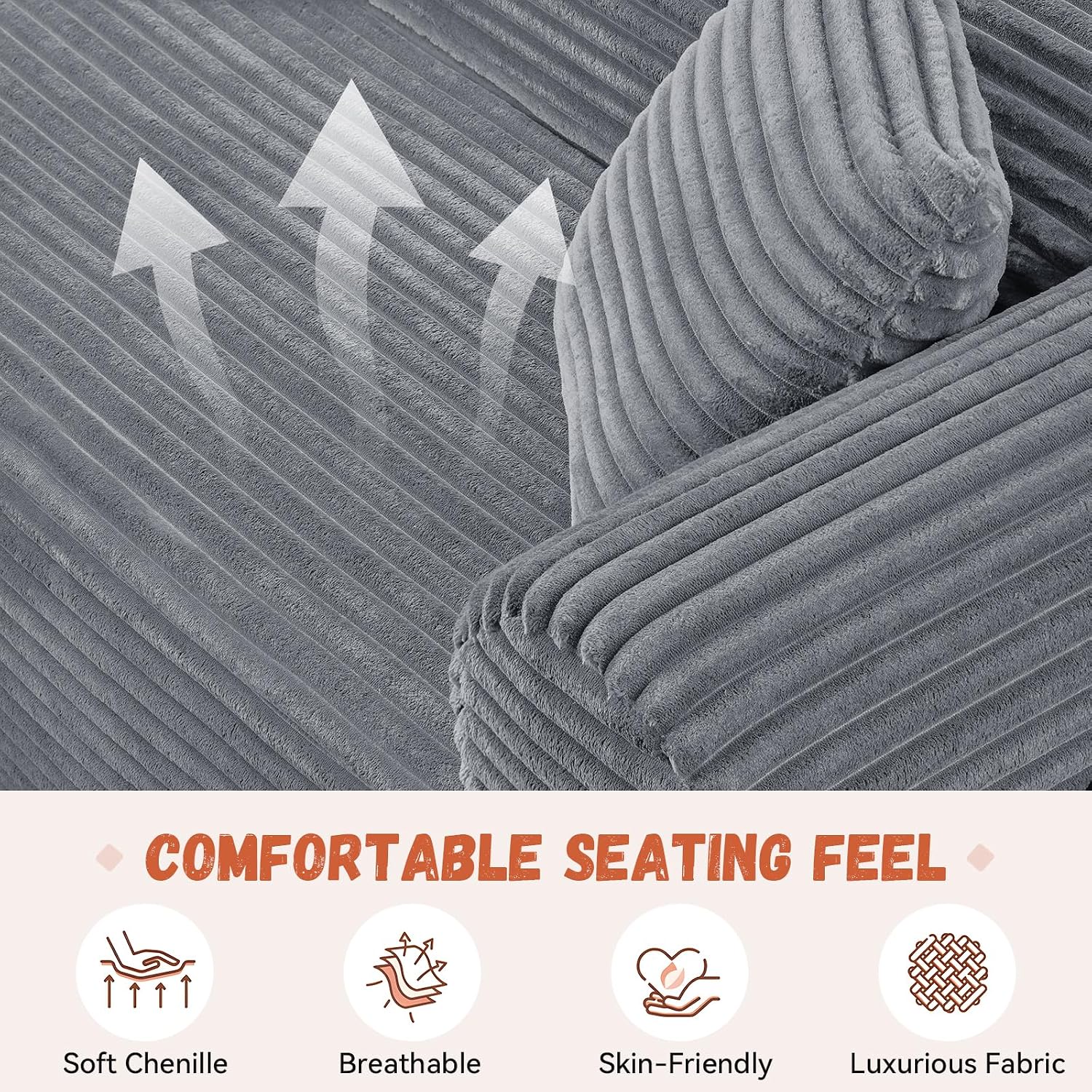 3 Seater Sofa Couch for Living Room (Gray, 30' D + 2 Pillows +Fixed-Shape Frame)