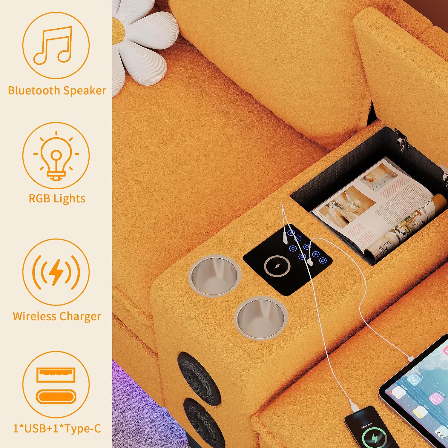 Sectional Couches for Living Room, 4 Seat Sectional Sofa with Smart Module-Bluetooth Speaker/RGB Light/Charging Station, Teddy Fleece U Shaped Cloud Couch with Storage Ottoman (Yellow)