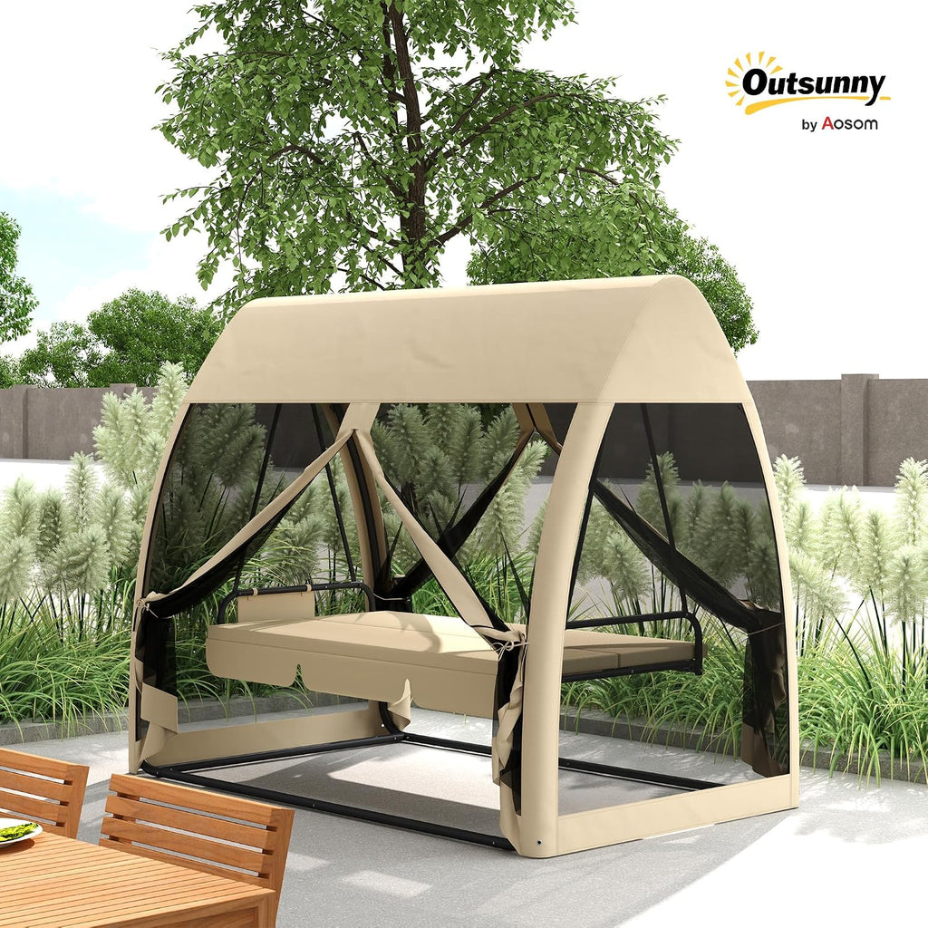 Outsunny 3-Seat Patio Swing Chair, Porch Swing Bed with Convertible Backrest, Cushion, Canopy, Side Pocket and Mesh Netting for Patio, Garden, Backyard, Coffee