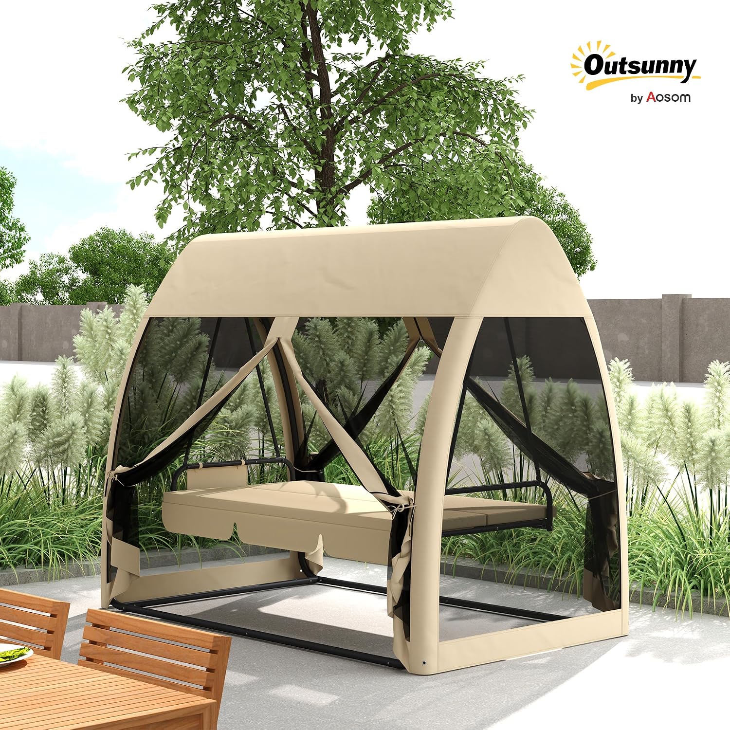 Outsunny 3-Seat Patio Swing Chair, Porch Swing Bed with Convertible Backrest, Cushion, Canopy, Side Pocket and Mesh Netting for Patio, Garden, Backyard, Coffee