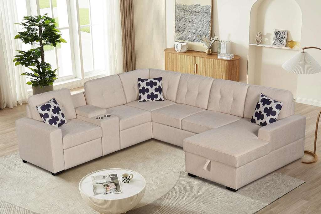 Ball & Cast L-Shape Convertible Sectional Sleeper Sofa Bed 2 in 1 Pull Out Couch with Storage Chaise & Cup Holders,6 Seat Chenille Upholstered Reversible Sleeper Corner Couch for Living Room,Beige