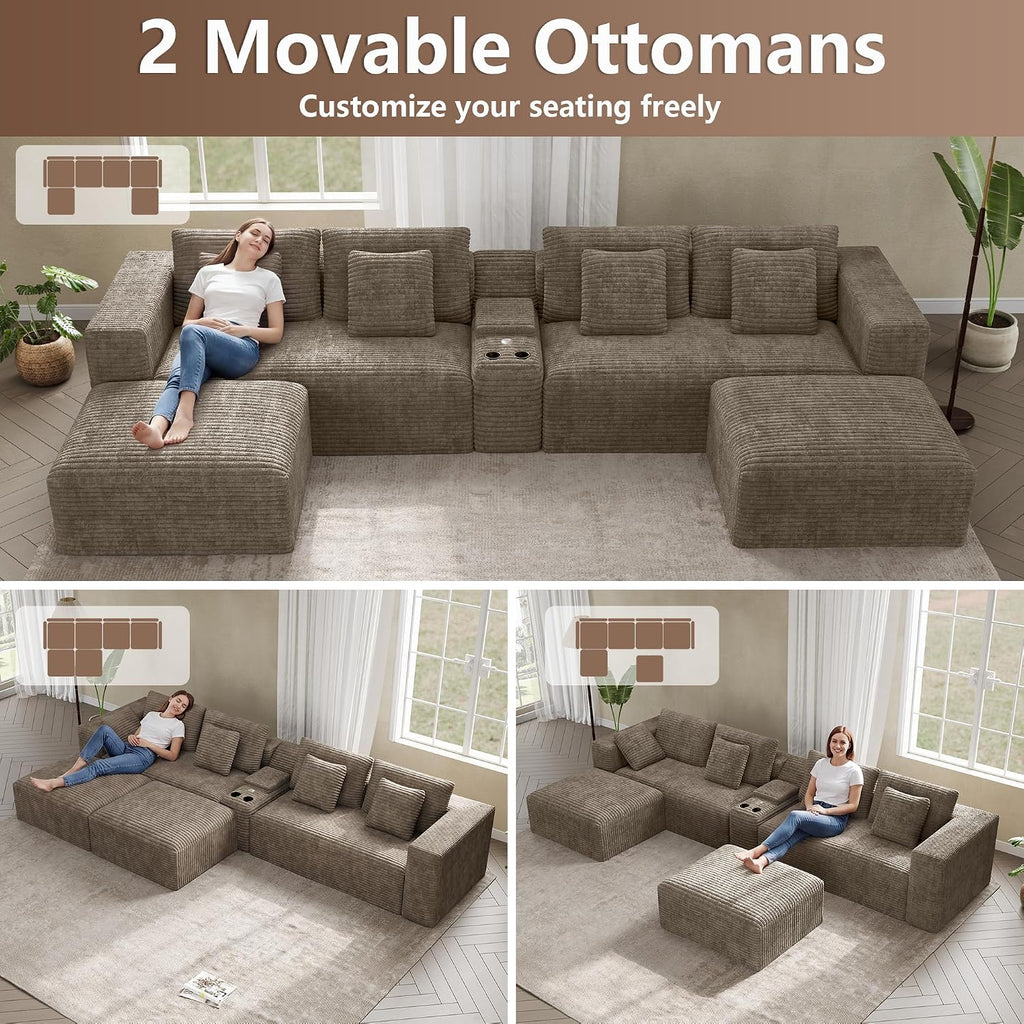 152' Oversized U Shaped Cloud Couches for Living Room, Fluffy Large Modular Sectional Sofa Set with Ottoman Chaise Comfy Corduroy Brown Boneless Couch with Cup Holder USB Port
