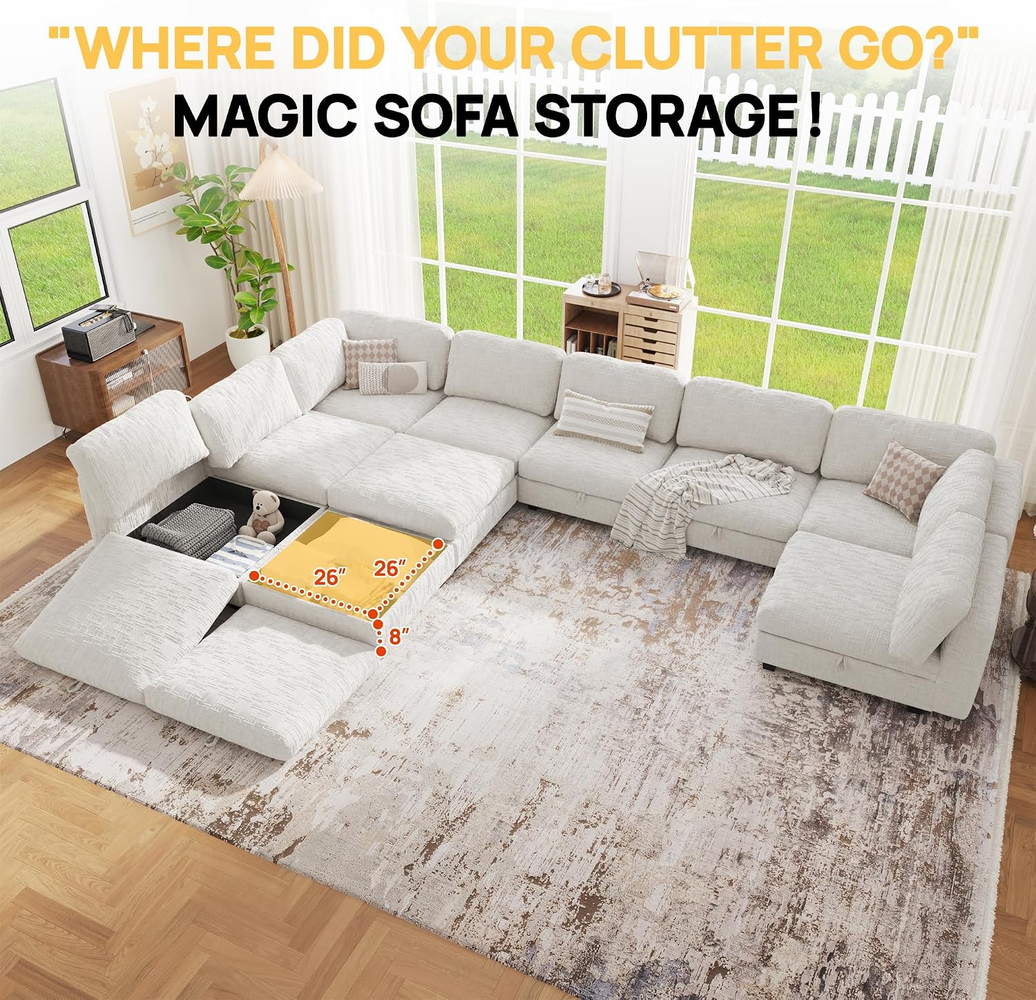 157' Modular Sectional Chenille Sofa bed with Hidden Storage, Comfy Modern 10 Seater Oversized Deep Seat Couch, Modular Sectional with Ottoman and Removable Cover for Living Room, Apartment, Beige