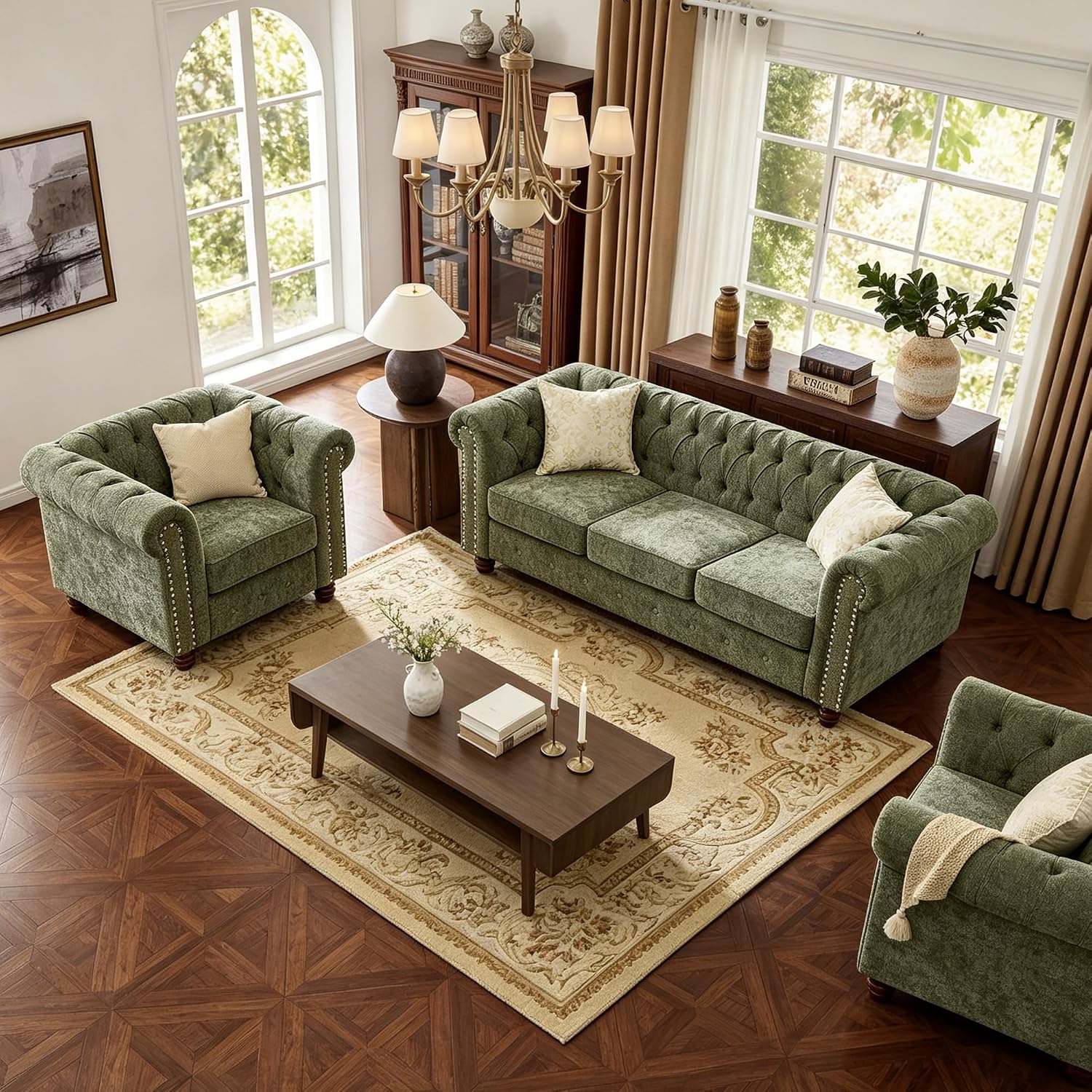 Modern Chesterfield 2-Piece Chenille Sofa & Armchair Combo, Tufted Couch and Accent Chair with Rolled Arms Nailhead Trim and Solid Wood Legs Traditional Upholstered Sofa Set for Living Room Home Green