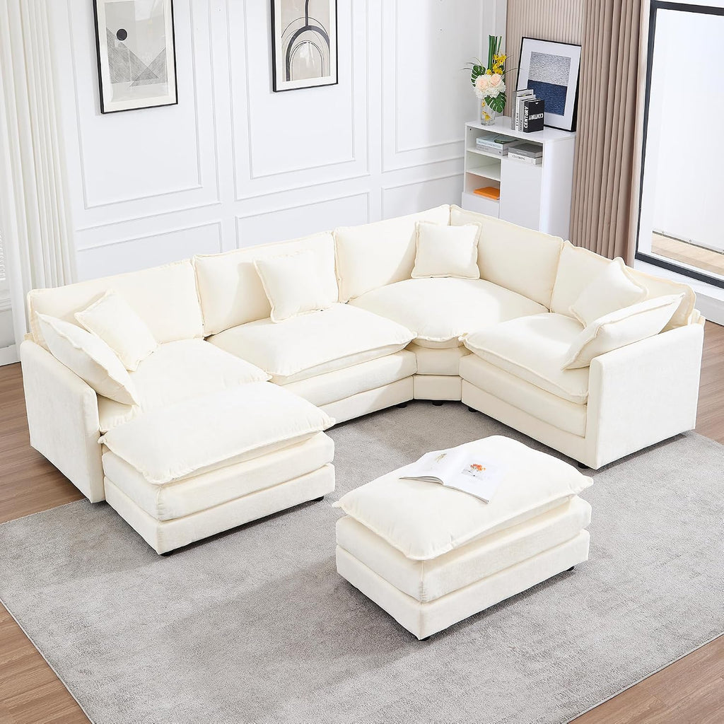 GNIXUU Oversized Modular sectional Sofa, Chenille Large Cloud Sectional Couches for Living Room, Convertible Deep 6 Seater L Shaped Couch with Ottoman for Living Room, Beige White