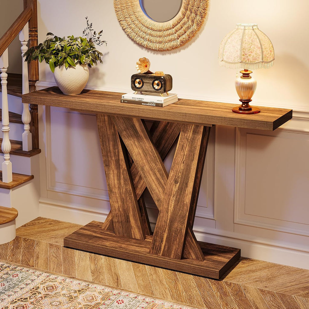 Tribesigns 55-Inch Farmhouse Console Table, Farmhouse Behind The Couch Table TV Stand with Geometric Base, Skinny Sofa Table Entryway Table for Entrance, Living Room, Hallway, Foyer, Rustic Brown
