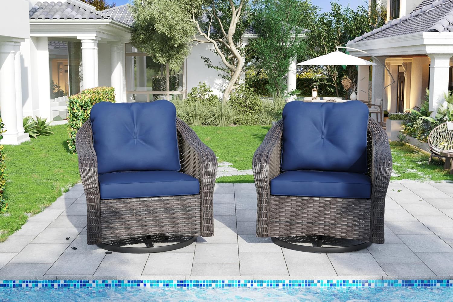 Wicker Swivel Rocking Chairs Set 2, Outdoor Brown Wicker Swivel Glider Chair Outdoor Rocking Chair with Water-Resistant Cushions, Blue