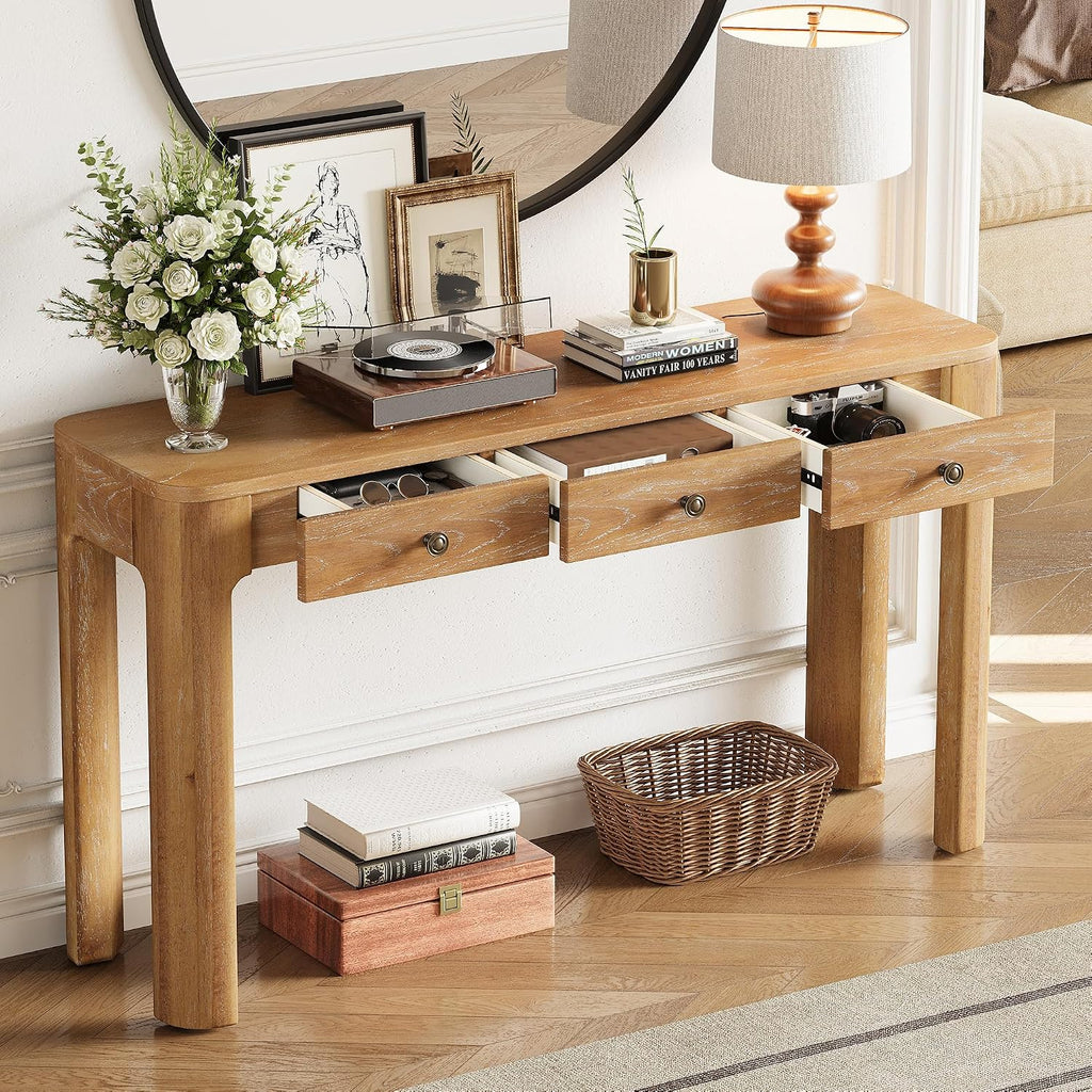 LKTART Solid Wood Entryway Table with 3 Drawers,Farmhouse Console Table Sofa Table with Curved Corners for Hallway,Foyer,Living Room (52' Natural)