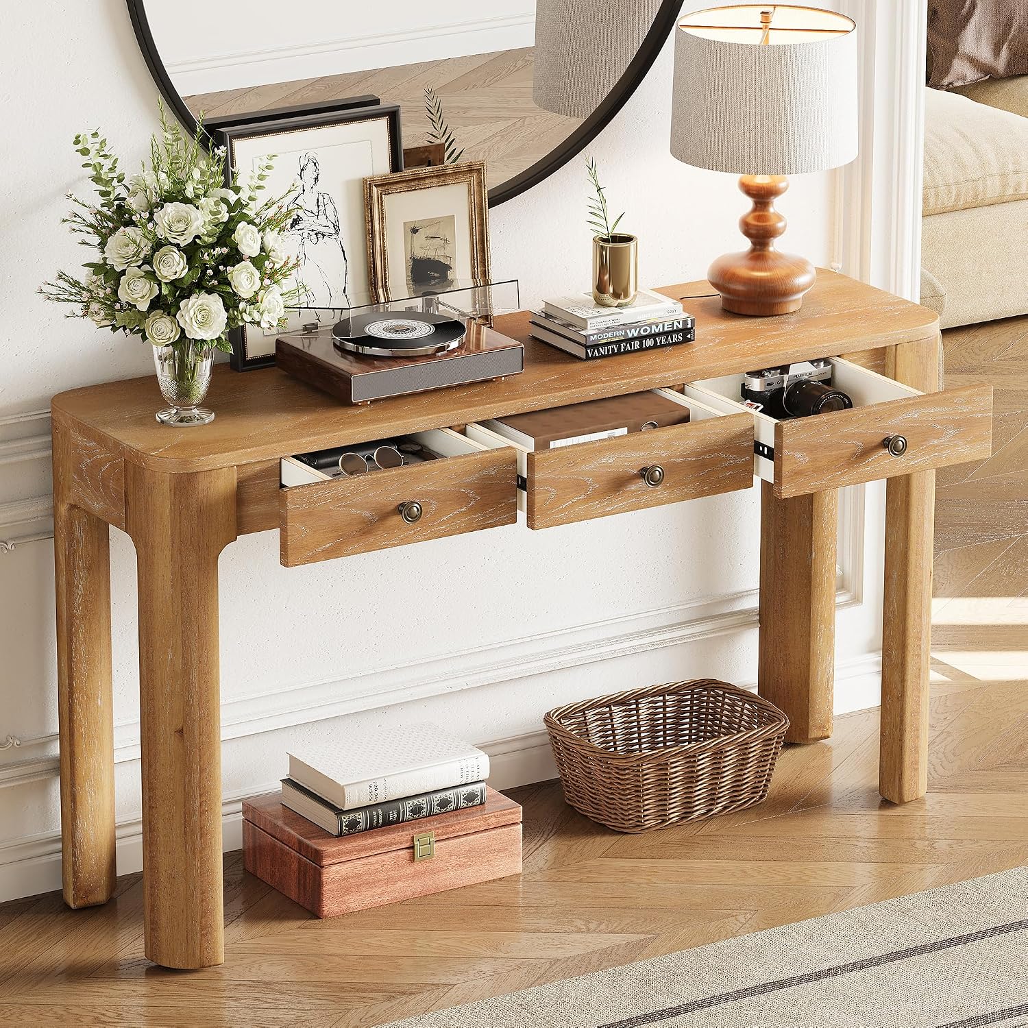 LKTART Solid Wood Entryway Table with 3 Drawers,Farmhouse Console Table Sofa Table with Curved Corners for Hallway,Foyer,Living Room (52' Natural)