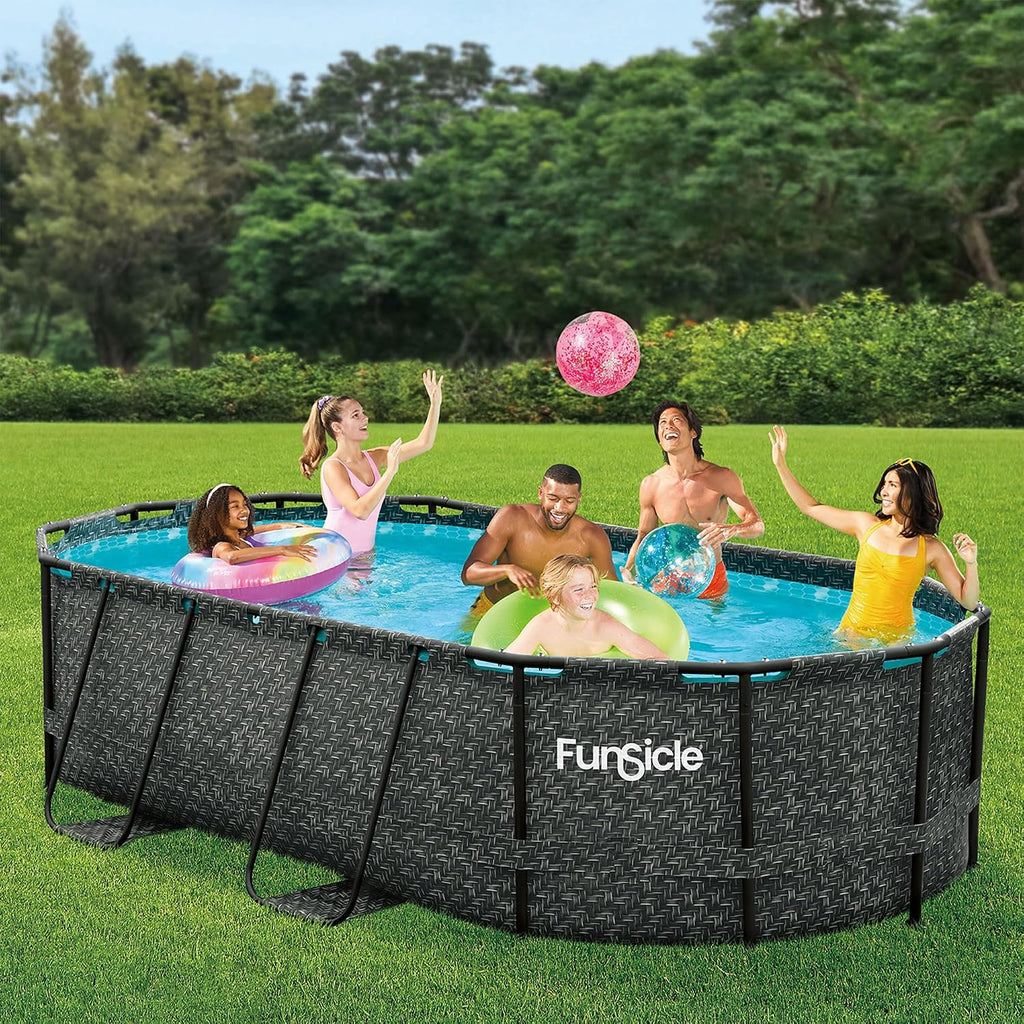 Funsicle Oval Oasis Designer 13'11' x 8'2' x 39.5' Above Ground Swimming Pool, with FiltraBoost Filter 800 GPH Pump with AutoSkimmer, Ladder & Type D Filter Cartridge, Dark Herringbone