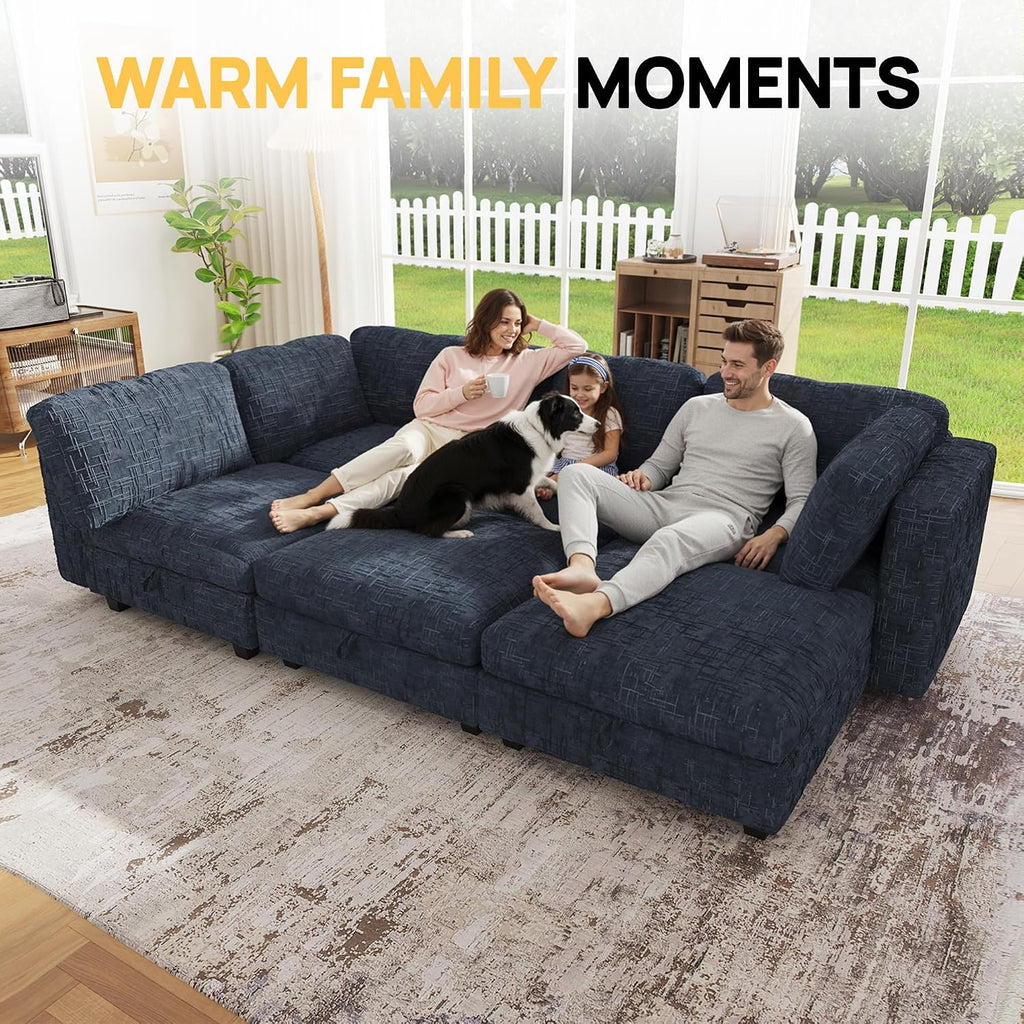99' Modular Sectional Chenille Sofa bed with Hidden Storage, Comfy Modern 6 Seater Oversized Deep Seat Couch, Modular Sectional with Ottoman and Removable Cover for Living Room, Apartment, Black