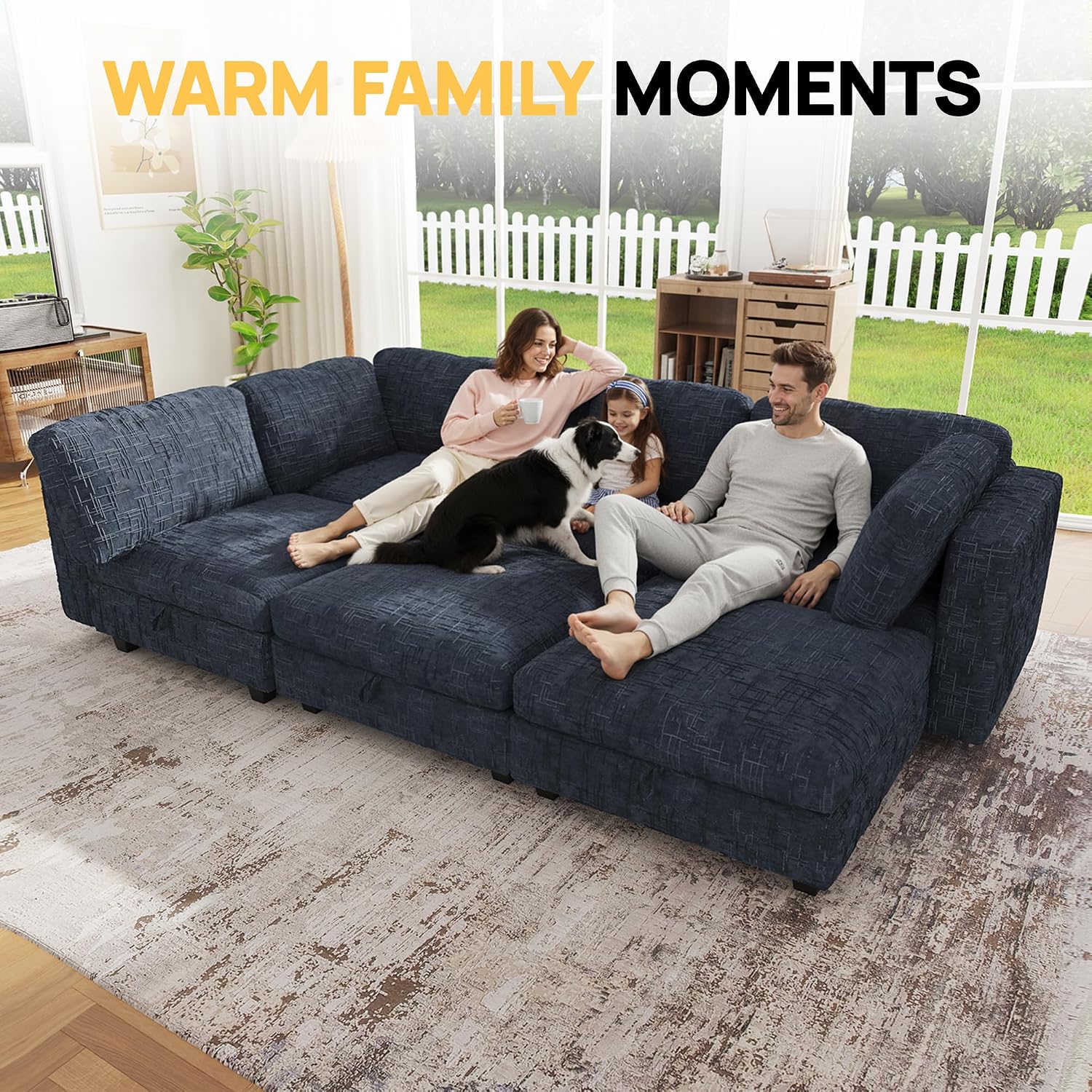 99' Modular Sectional Chenille Sofa bed with Hidden Storage, Comfy Modern 6 Seater Oversized Deep Seat Couch, Modular Sectional with Ottoman and Removable Cover for Living Room, Apartment, Black