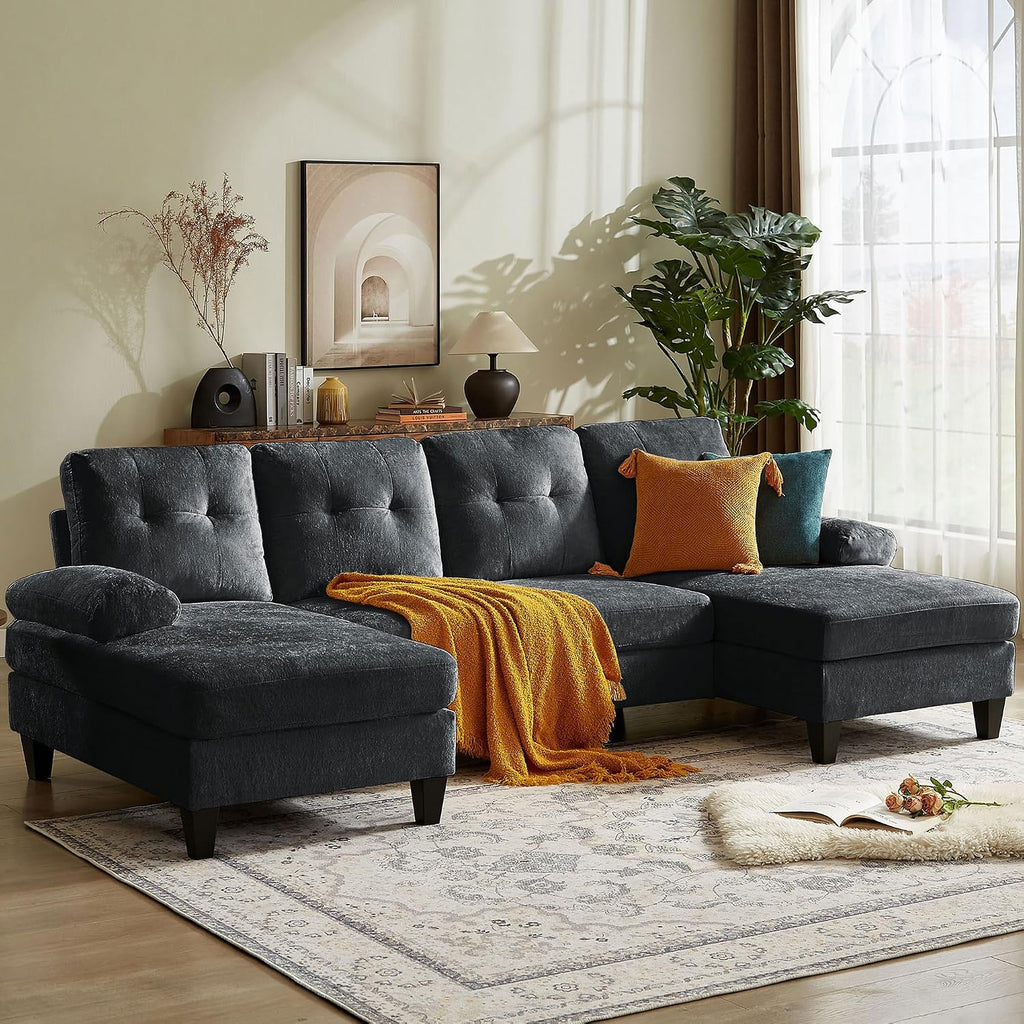 Sectional Couch for Living Room, Modern Polyester Fibre U Shaped Sofa Couches with Double Chaise, Upholstered 4 Seater Sofa for Living Room, Apartment, Office, Black