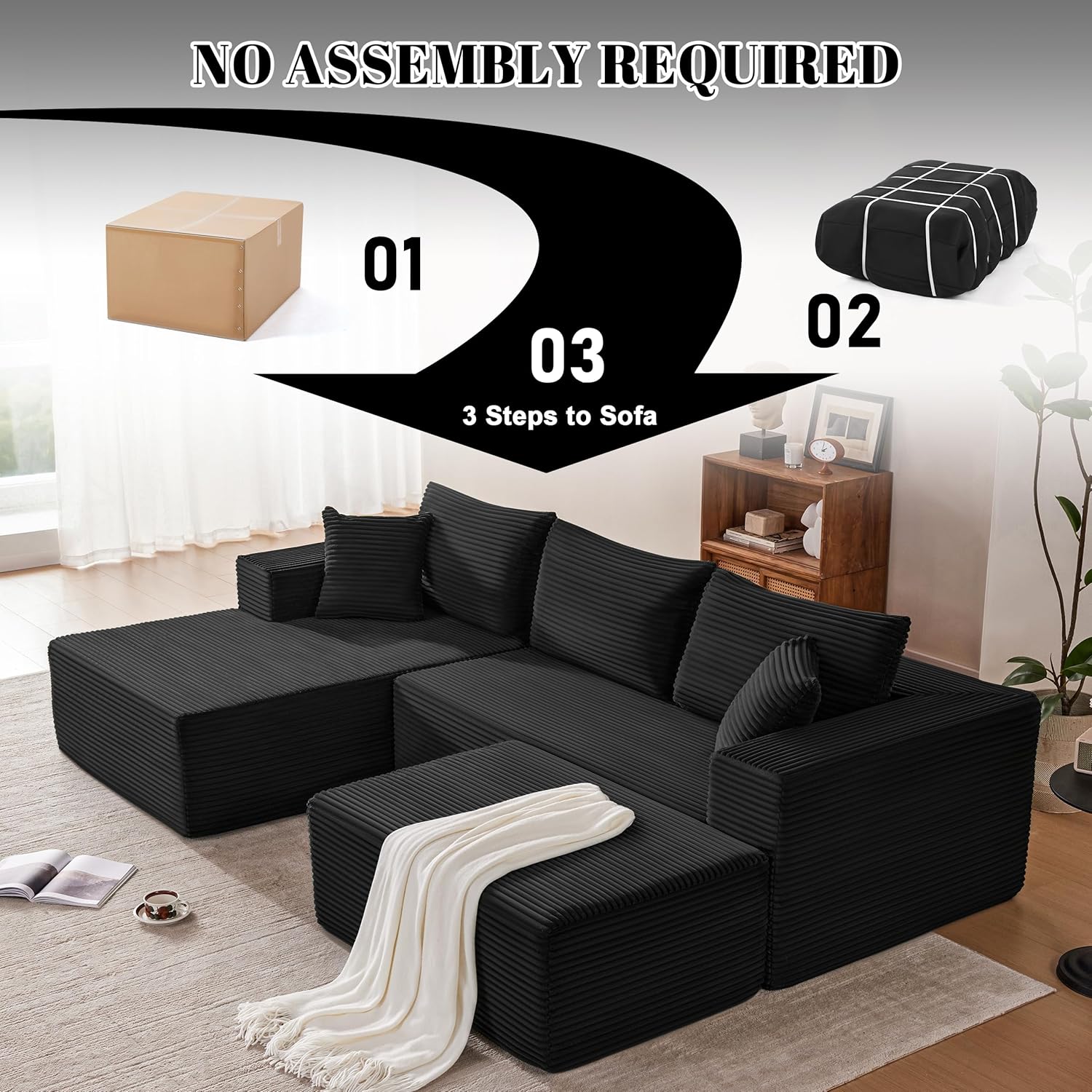 Mangodan 110' Cloud Sectional Couch, Modular Sectional Sofa with Deep Seat, Boneless Sofa for Living Room, Fluffy Comfy U-Shaped Couch with Left Facing Chaise, No Assembly Required, Black