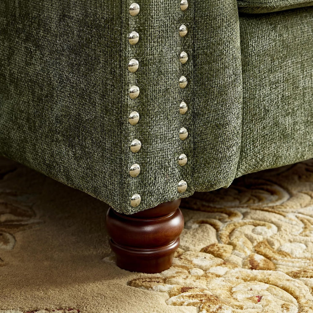 Modern Chesterfield 2-Piece Chenille Sofa & Armchair Combo, Tufted Couch and Accent Chair with Rolled Arms Nailhead Trim and Solid Wood Legs Traditional Upholstered Sofa Set for Living Room Home Green
