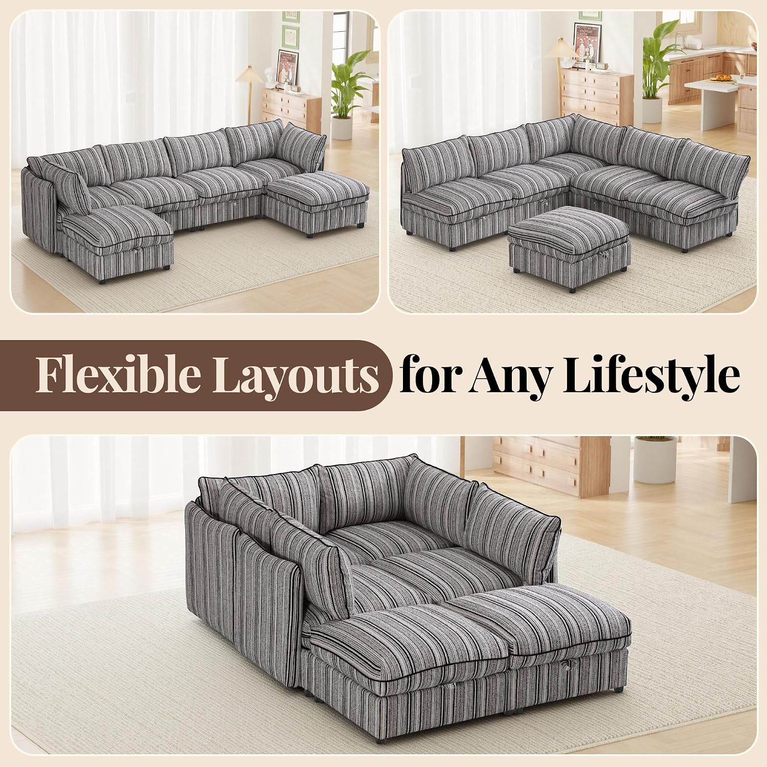 95.5' Modular Sectional Couch with Hidden Storage, Convertible L U Shaped Sleeper Sofa Bed with Stripe Pattern, 6 Seat Modular Sectional Couch with Ottoman Chaise & Removable Covers for Living Room