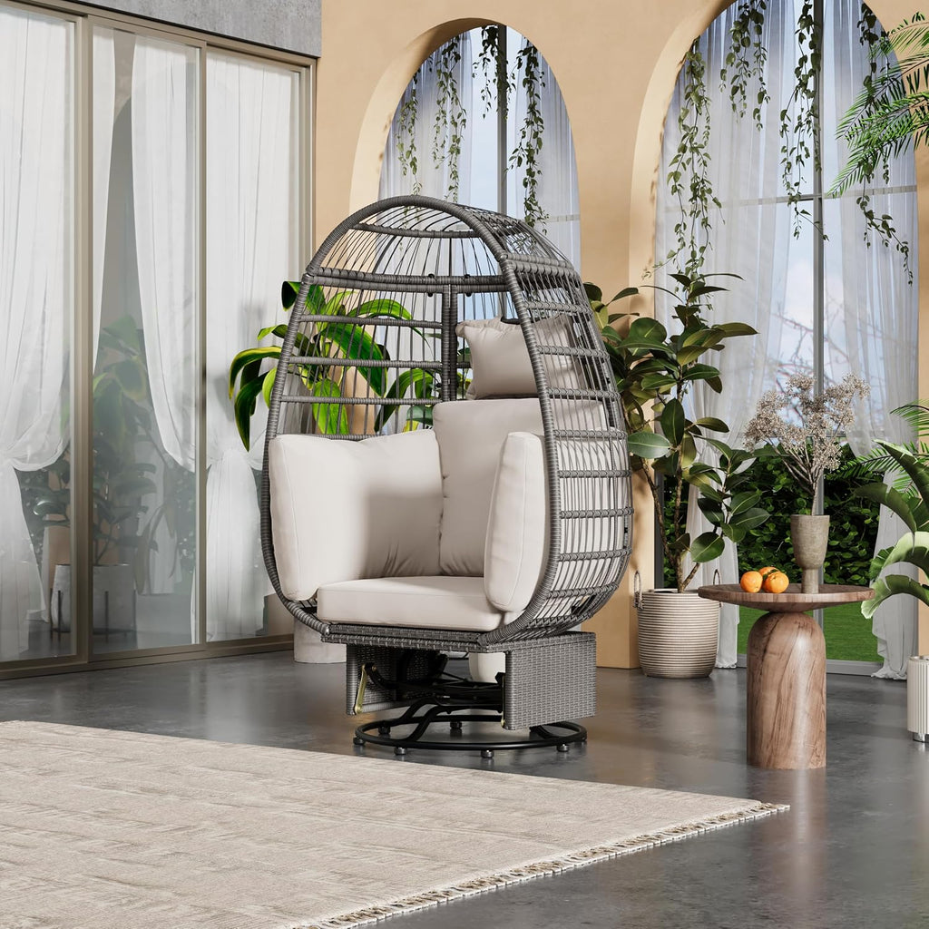 Outdoor Swivel Chair with Cushions, Rattan Egg Patio Chair with Rocking Function for Balcony, Poolside and Garden