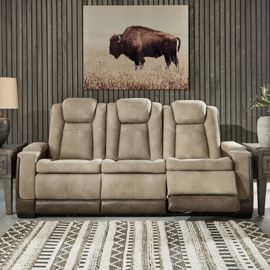 Signature Design by Ashley Next-Gen DuraPella Power Reclining Sofa – Wireless & USB Charging, Zero-Gravity, Adjustable Headrest, Water-Repellent Faux Leather, Drop-Down Table, Beige/Brown, 86'