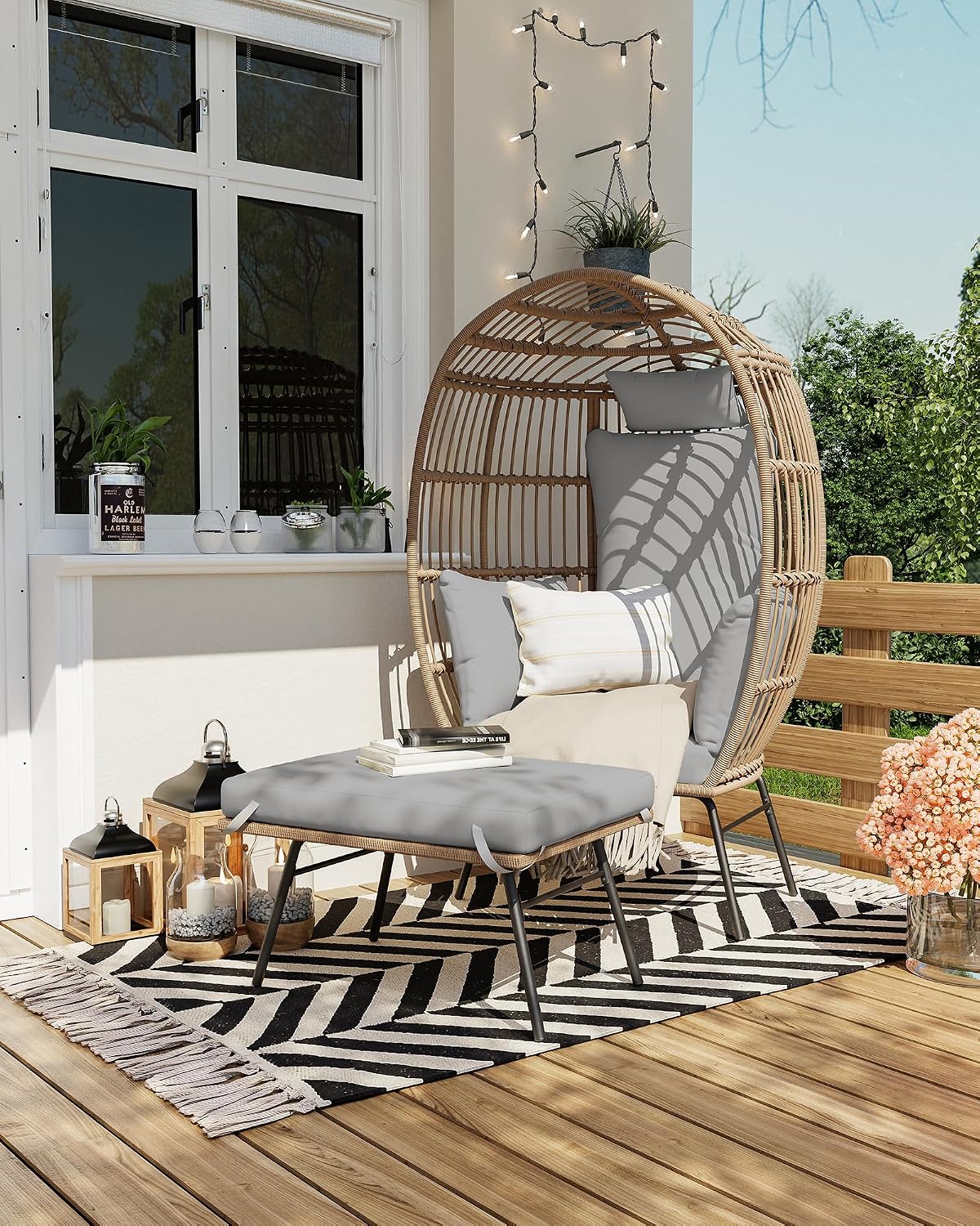 GarveeLife Oversize Wicker Egg Chair with Ottoman, Egg Shaped Lounge Chair with Thick Cushion, Comfy Egg Rattan Seat for Indoor Outdoor Patio Porch Backyard, Grey