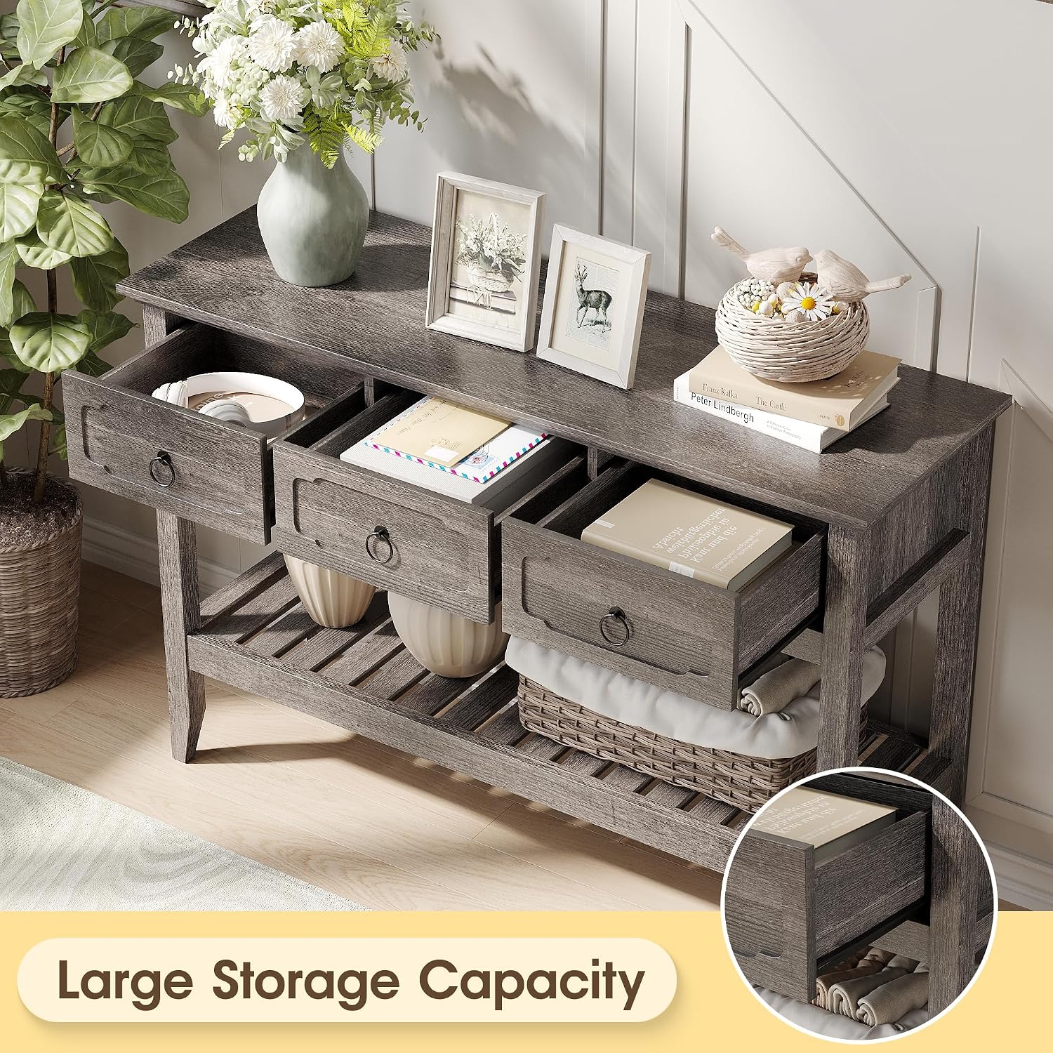 Maupvit Rustic Entryway Table with Large Storage Space, Farmhouse Feel Console Table for Entryway, Sturdy & Reliable Structure Sofa Table, Easy to Assemble