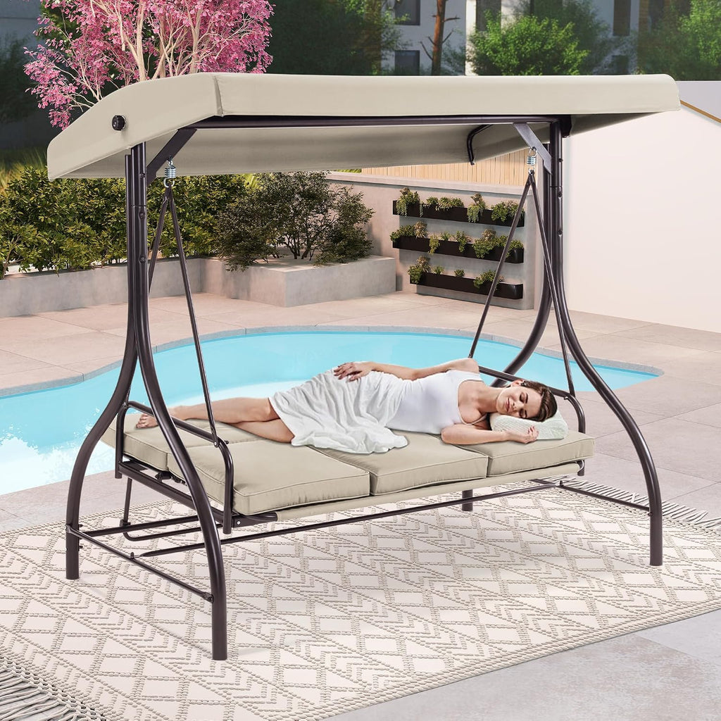 MCombo 3-Seat Outdoor Patio Swing Chair, 2-in-1 Convertible Porch Swing Glider Chair with Removable Cushions, Adjustable Canopy & Pillows for Backyard, Deck, Garden, 4068 (Beige)