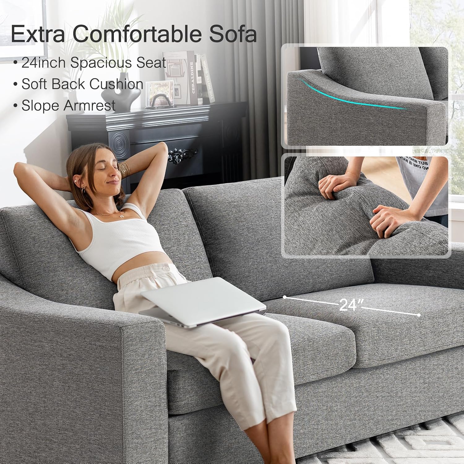ELUCHANG Convertible Sectional, L-Shaped Couch with Extra Deep Seats, Natural Linen Fabric Comfy Modern Corner Sofa for Living Room, Office, Grey | Easy to assemble, Breathable material, Extra deep seat, Easy to clean, Pet friendly