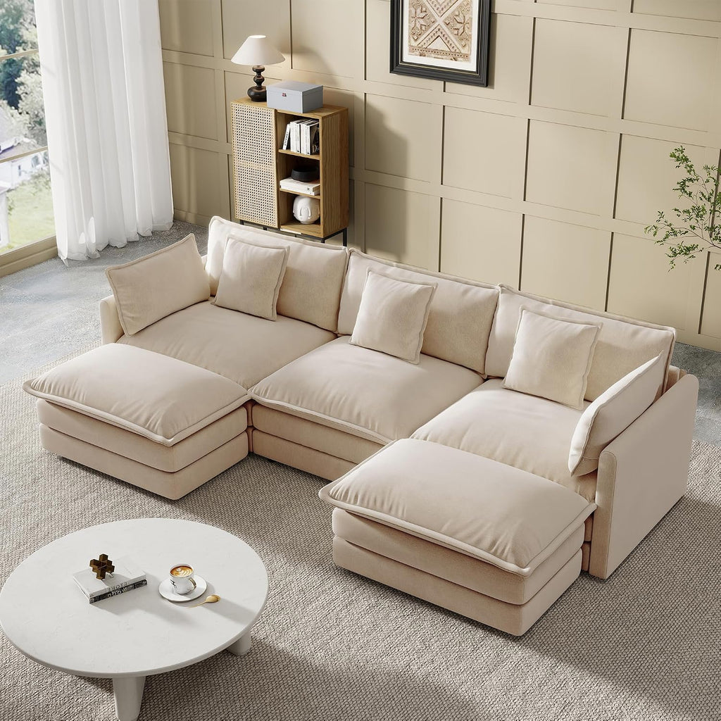 Modular Sectional Sofa, 111.5 Inch U-Shaped Cloud Sofa with Deep Seat Chenille Sofa with Cushions, Three-Self Sectional Sofa for Living Room Apartment,Light Coffee