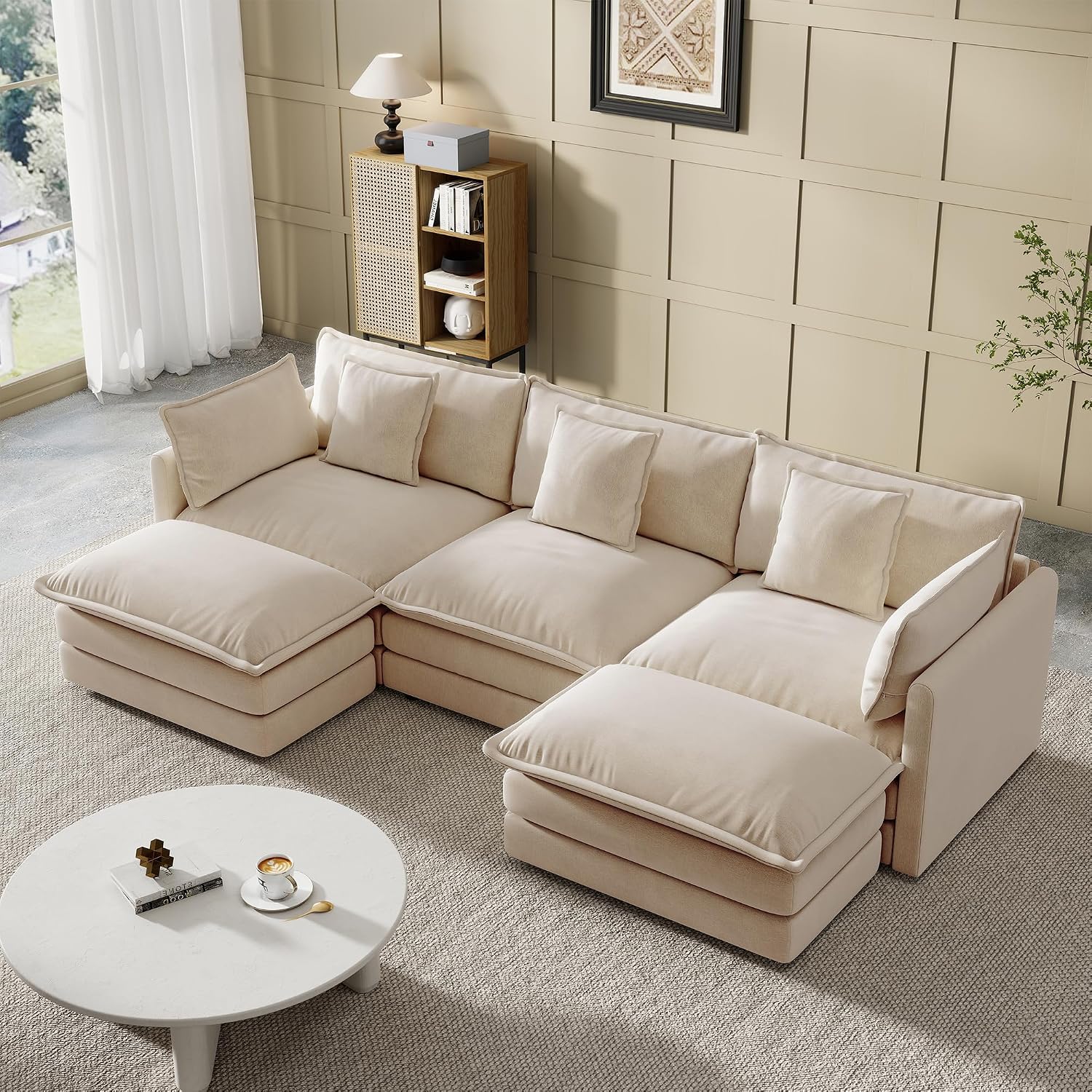 Modular Sectional Sofa, 111.5 Inch U-Shaped Cloud Sofa with Deep Seat Chenille Sofa with Cushions, Three-Self Sectional Sofa for Living Room Apartment,Light Coffee