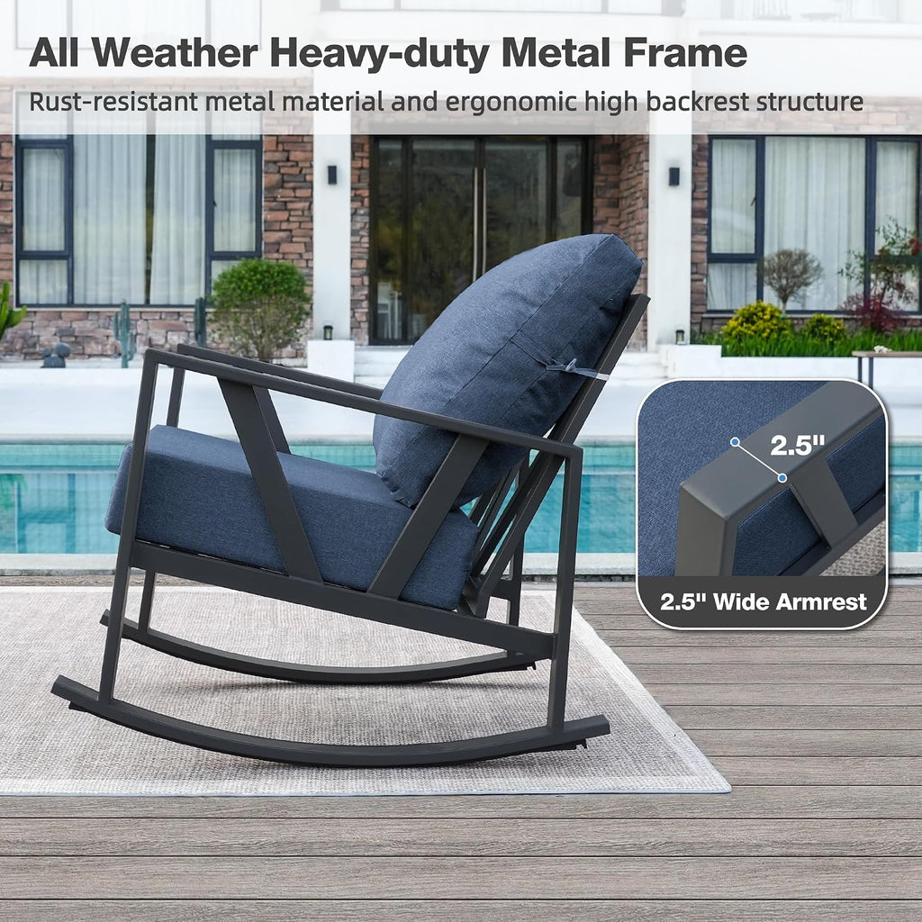 Outdoor Patio Rocking Chairs Set of 2, 3 Pieces Patio Porch Furniture Set with 6' Thick Cushions, Outdoor Bistro Set with Coffee Table,Blue