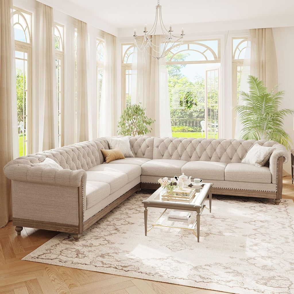 Merax Chesterfield Sofa, Retro Upholstered 6 Seater Rolled Arm Couch for Living Room Bedroom Office, Beige