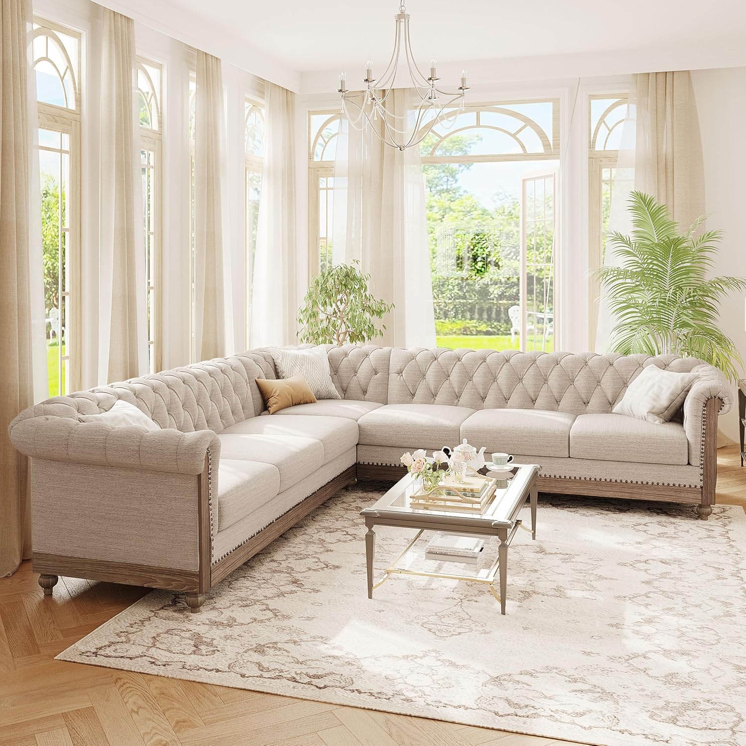 Merax Chesterfield Sofa, Retro Upholstered 6 Seater Rolled Arm Couch for Living Room Bedroom Office, Beige