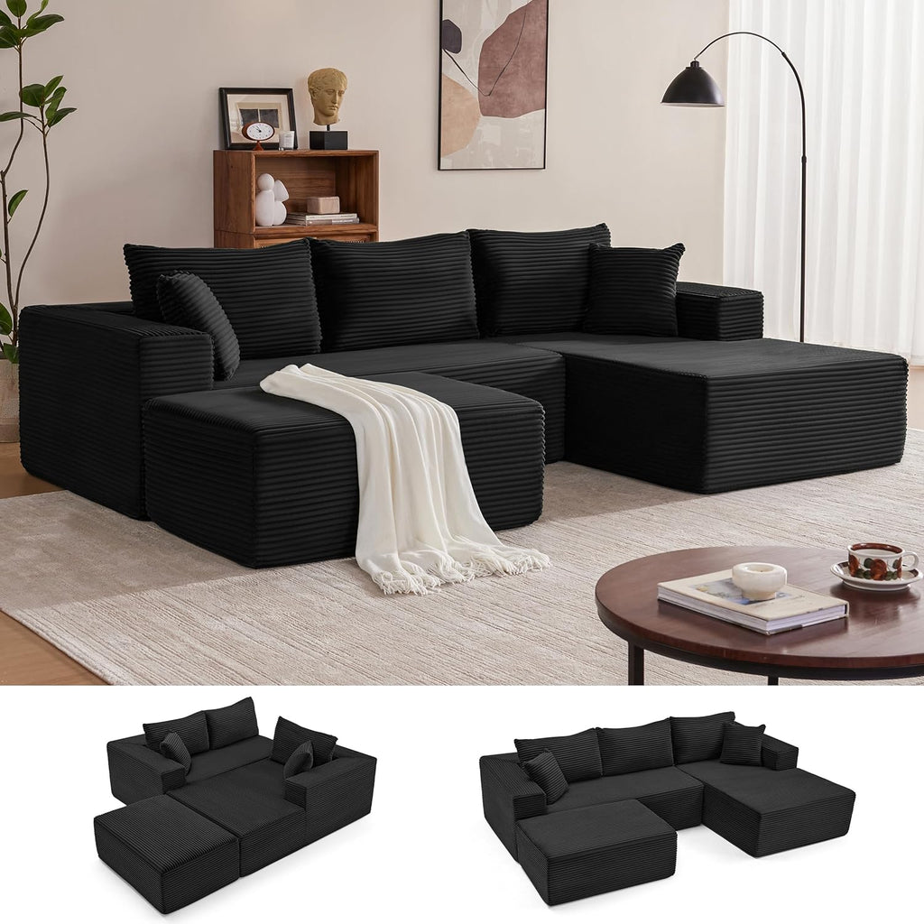 Mangodan 110' Cloud Sectional Couch, Boneless Sofa for Living Room, Modular Sectional Sofa with Deep Seat, Comfy Fluffy U-Shaped Couch with Right-Facing Chaise, No Assembly Required, Black